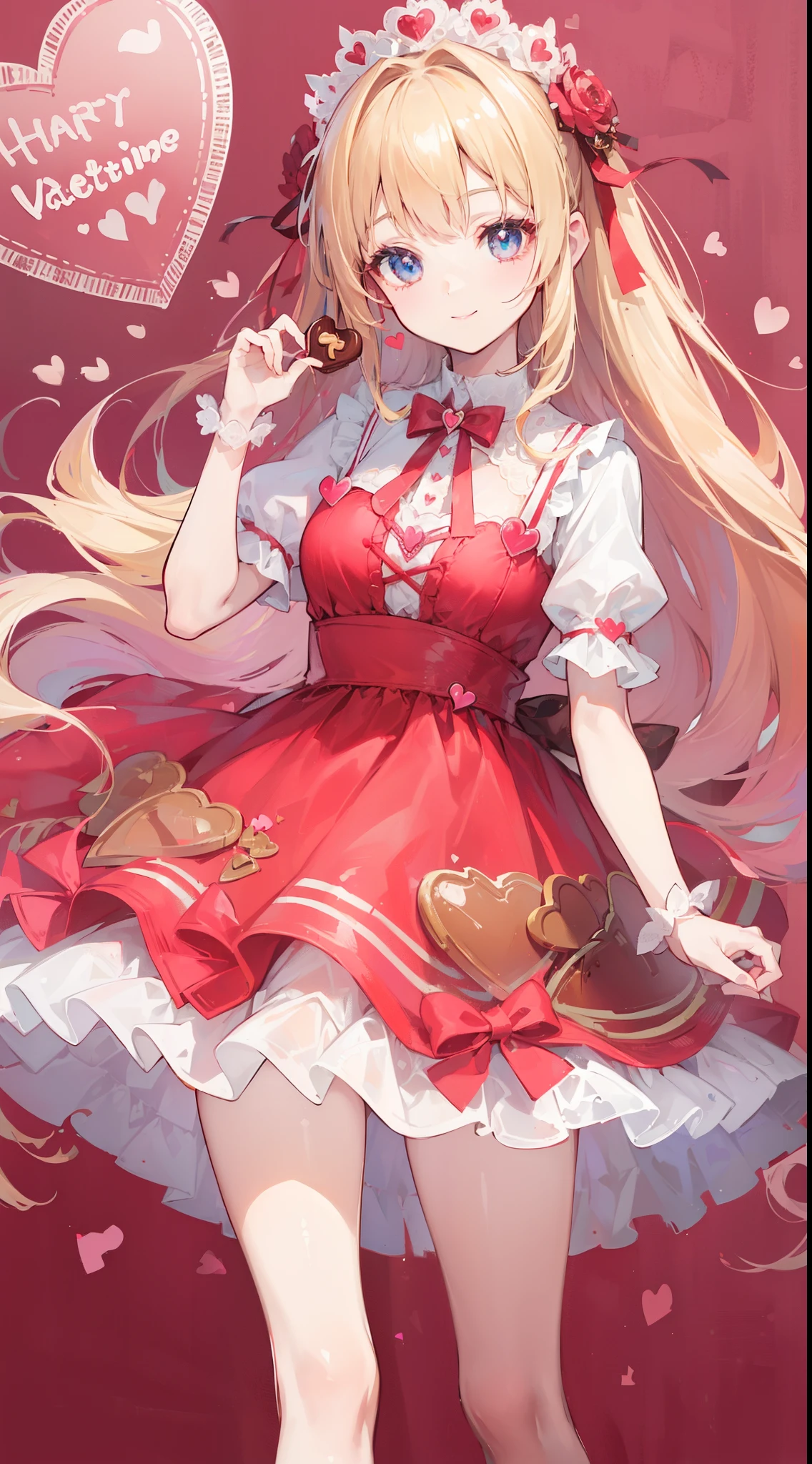 (((32k))), (((heart background))), (((Pretty girl))), (((cute girl))), (beautiful quality eyes), (cute smile), (((dress))), (valentine), ((holding heart chocolate)),