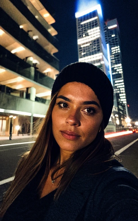Photographier, Photo de Beautiful Woman, jeune,selfie, latina, Haut du corps, Seulement, en plein air, ville ,building, étoiles, joyeux, heureux, gants, pull-over, bonnet,nuit, lumière ,Regarder la visionneuse, Texture de la peau, grain photo, fermer, Photo brute