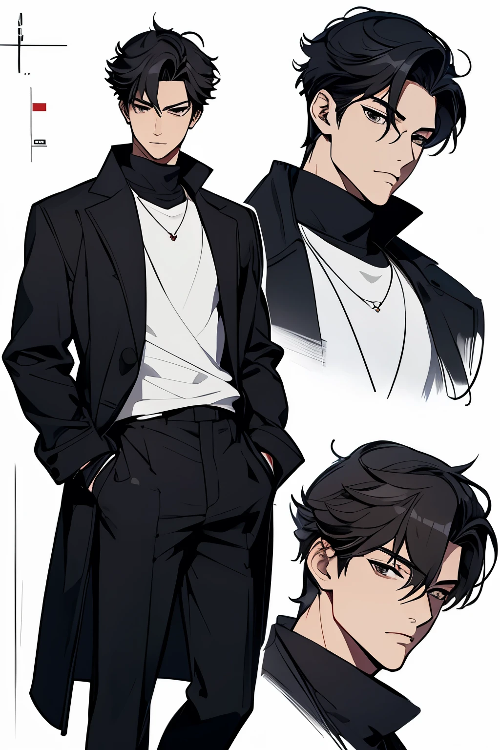 masterpiece, acura, solo, black suit, black hair, modern clothes, close-up, full body, line drawing background, white background, monochrome, line drawing, ((sketch)), hijikata toshirou, gintama, character sheet, male, young man, ultra detailed face, detailed hair