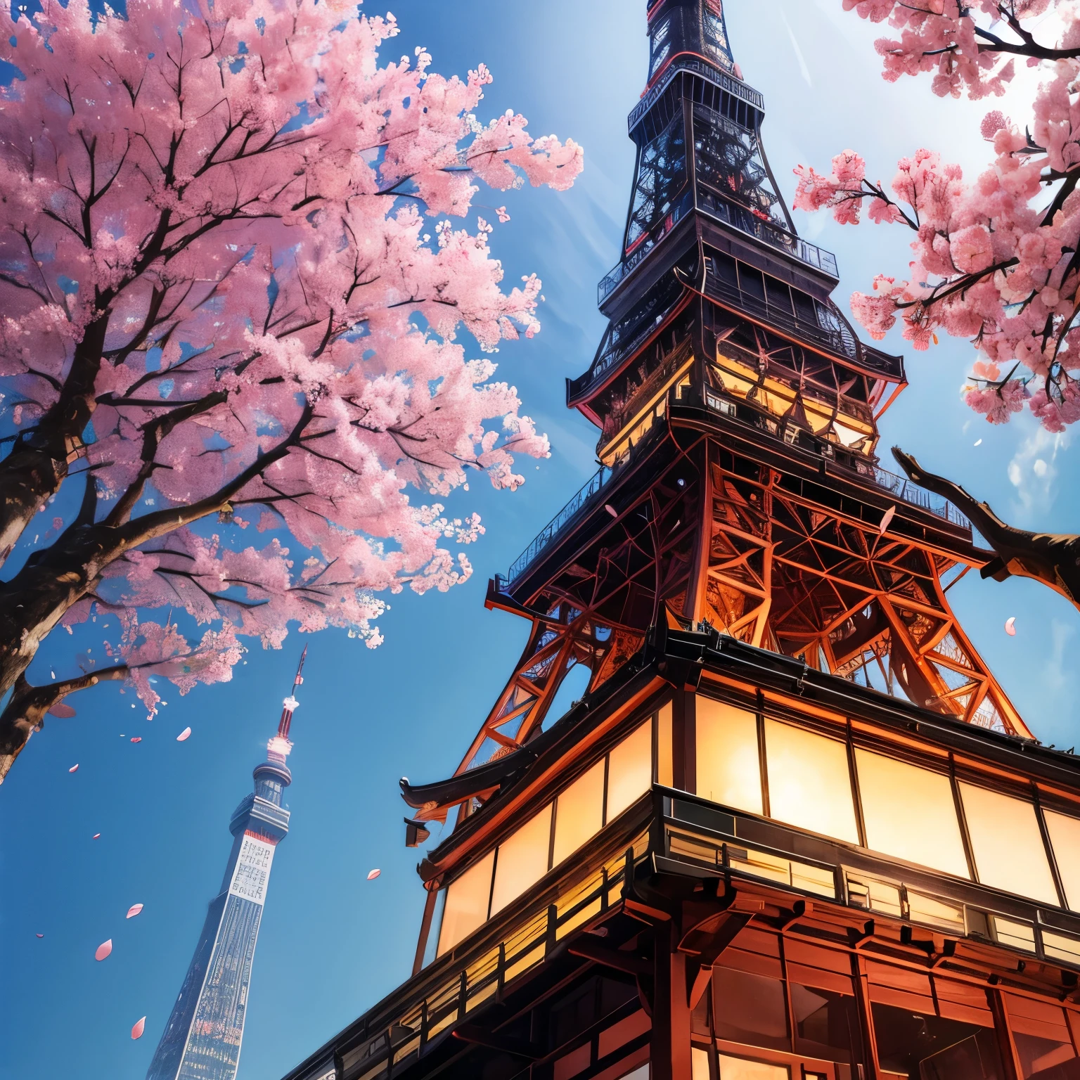 An illustration art of Tokyo Tower during spring, in the morning, clear sky