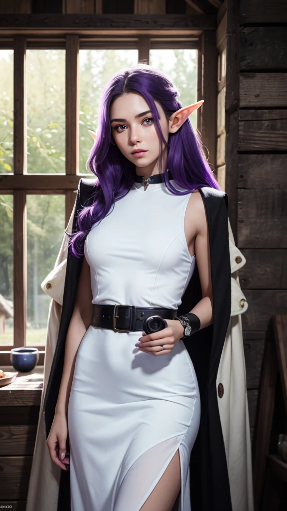 RAW, professional photograph, medium shot, photorealistic, hyper-realistic, ray tracing, super detail, UHD, 8k, female elf, twenty years old, athletic body, soft facial features, small breasts, long hair, straight hair, purple hair, purple eyes, white dress, black coat, Witch clothes, medieval cabin, witch cabin