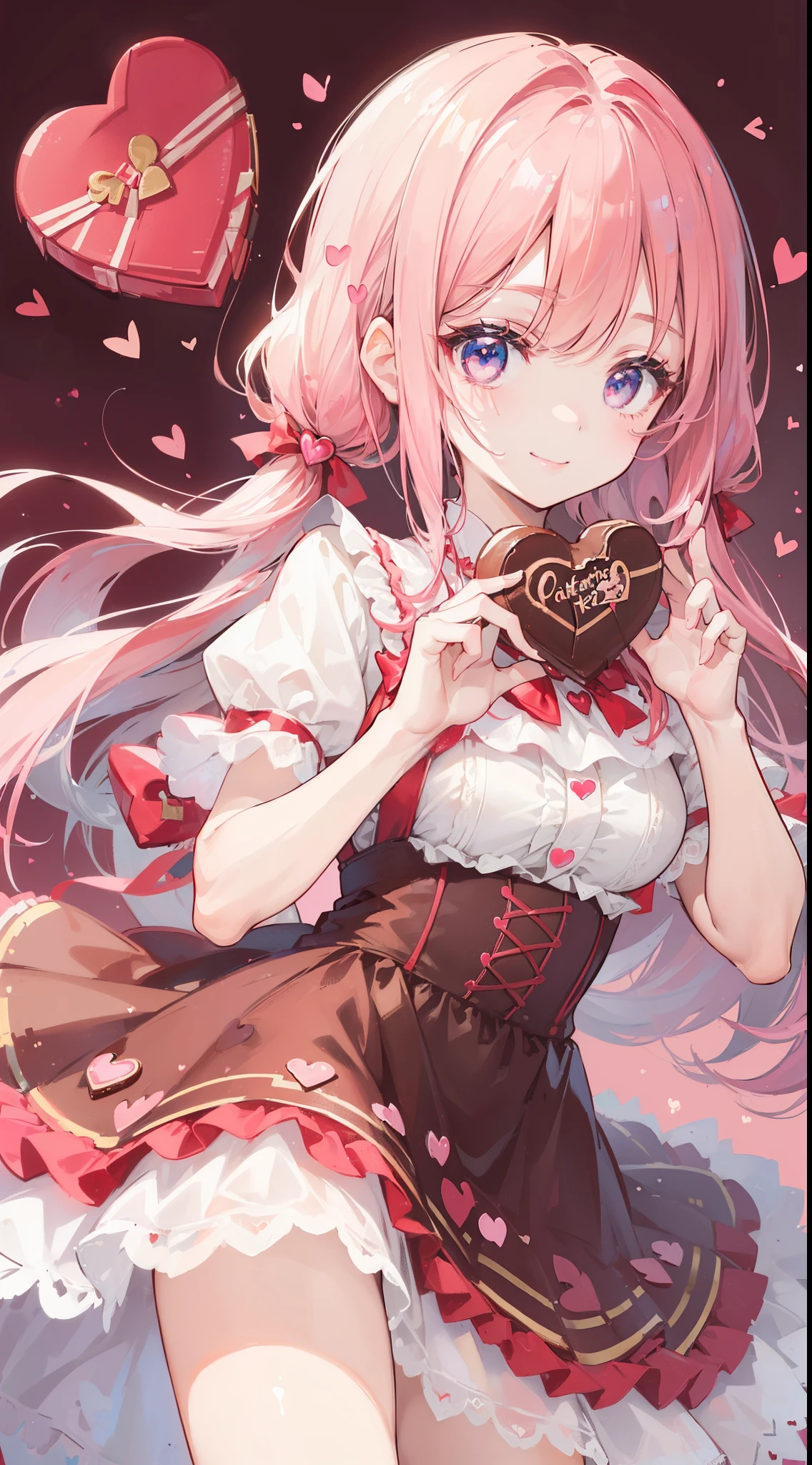 (((32k))), (((heart background))), (((Pretty ))), (((cute ))), (beautiful quality eyes), (cute smile), (((dress))), (valentine), ((holding heart chocolate)), 