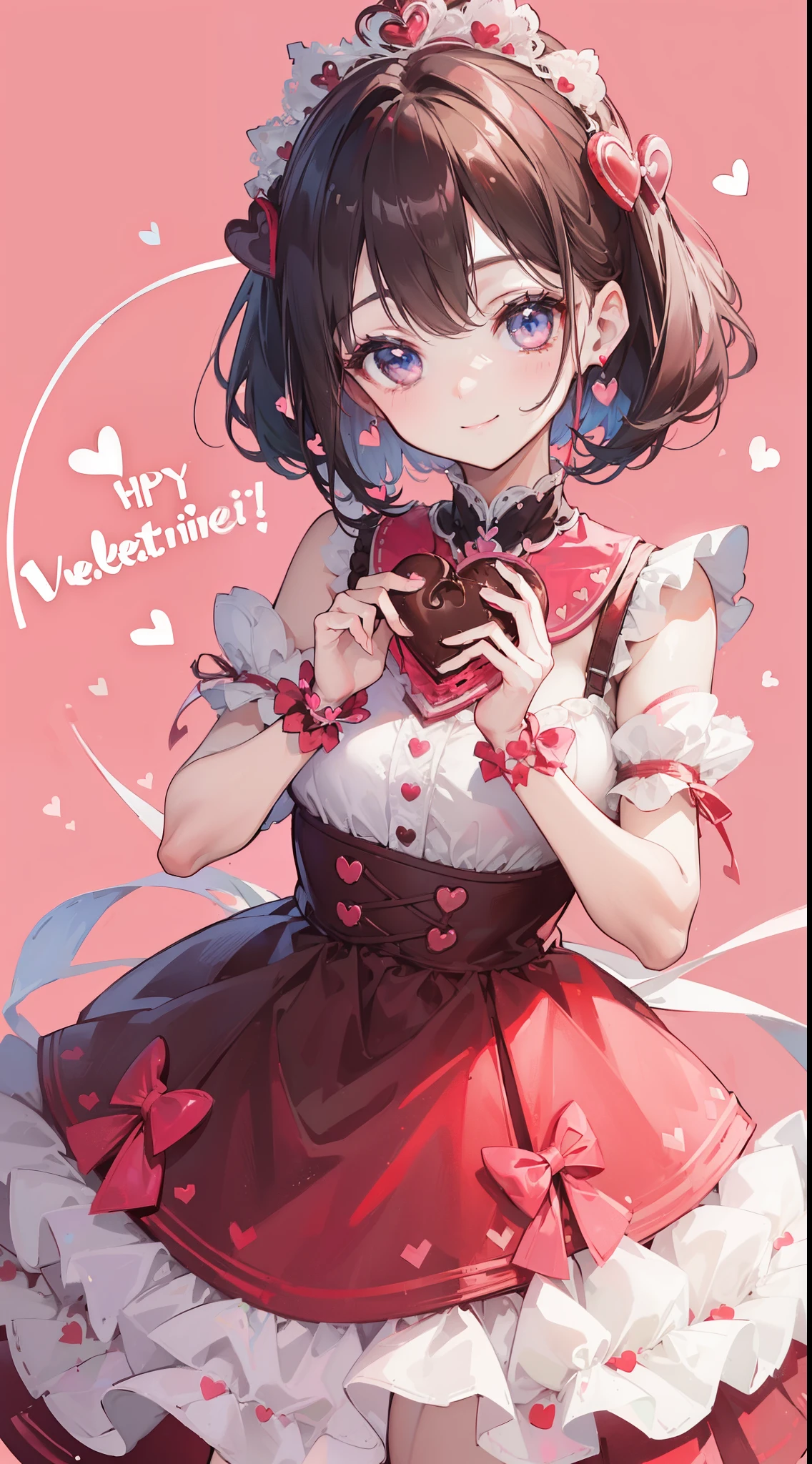 (((32k))), (((heart background))), (((Pretty ))), (((cute ))), (beautiful quality eyes), (cute smile), (((dress))), (valentine), ((holding heart chocolate)),