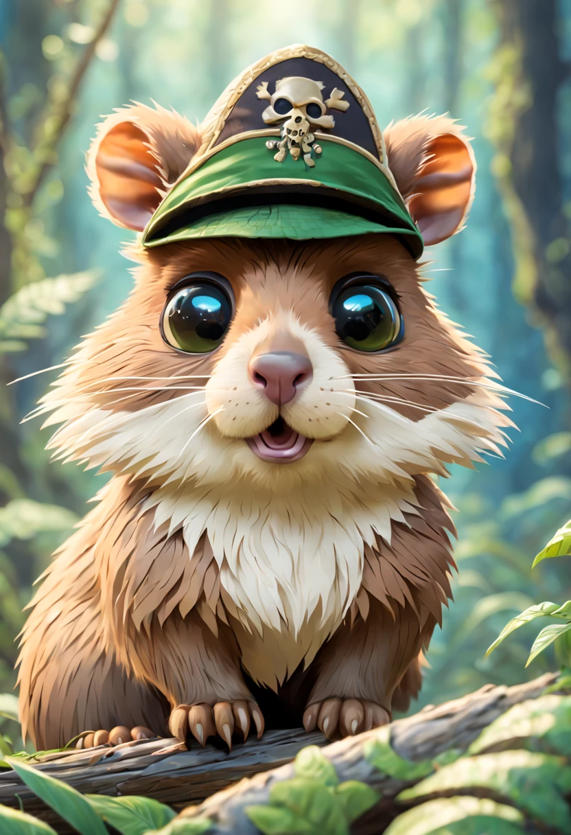 Close-up of a cartoon kitten in a hat, p, Capybara Pirate, portrait of a forest magician, dwarf druid, first person view, close-up, Modern art, chiaroscuro, high detail, 8k, super detail, masterpiece, UHD