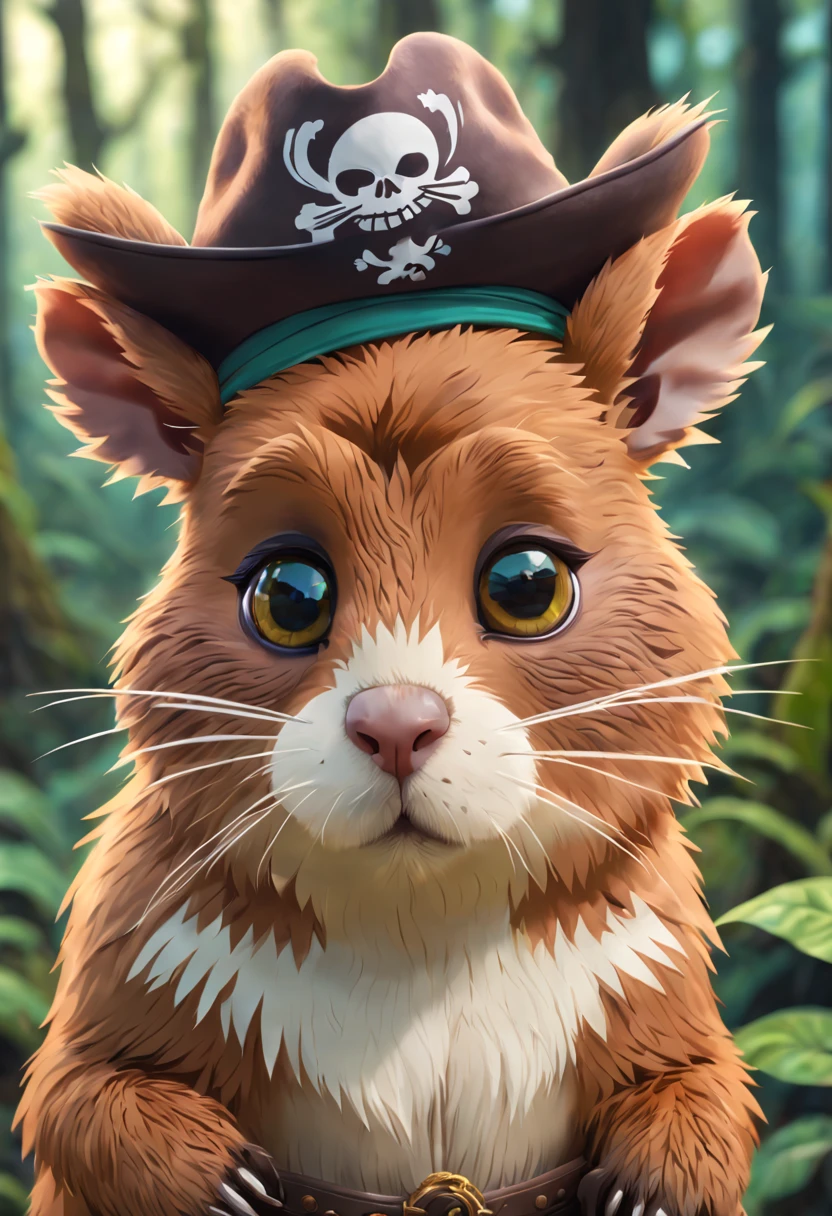 Close-up of a cartoon kitten in a hat, p, Capybara Pirate, portrait of a forest magician, dwarf druid, first person view, close-up, Modern art, chiaroscuro, high detail, 8k, super detail, masterpiece, UHD