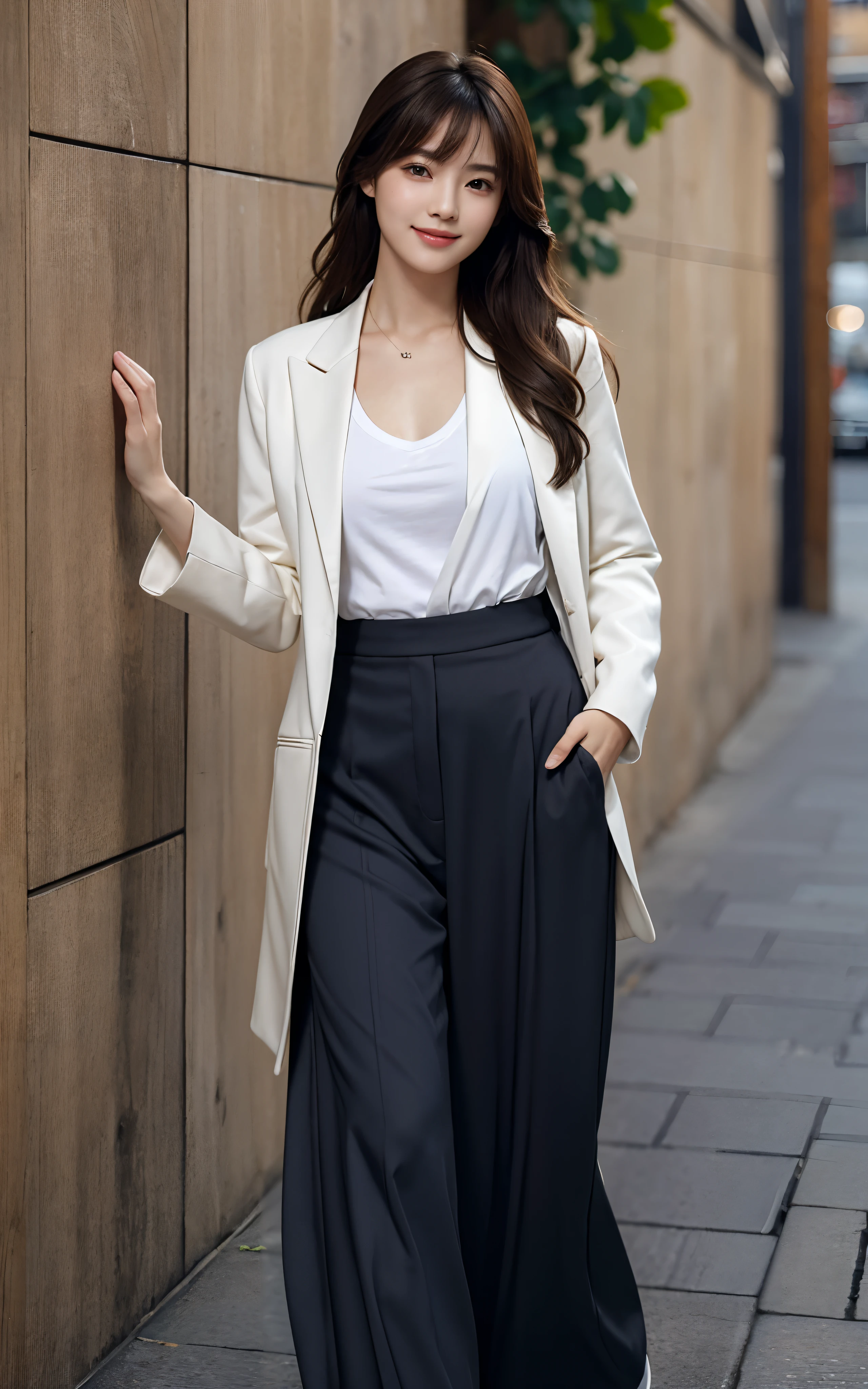 Masterpiece, Best picture quality, High quality, Random background,Beautiful woman, Japanese, Detailed, Detailed eyes, Detailed skin, Beautiful skin, 超A high resolution, (reality: 1.4),Very beautiful, Slightly younger face, Beautiful skin, Slender, (Ultra photo realsisim), (A high resolution), (8K), (Very detailed) (Beautifully detailed eyes), (Super detailed), leisure wear,long skirt,tailcoat,校服,Pants, (the wallpaper), (Detailed face), view the viewer, Fine details, Detailed face, Smiling, Staring straight ahead, Staring straight ahead, Full-body angle, Realistic photo, Bright lighting, Professional lighting, Mature woman, Brown hair, Sway in the wind Straight hair side by side, Long stylish bangs,
