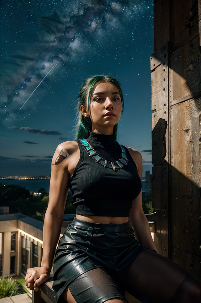 a gorgeous 20-year-old girl, half robot, with a bionic eye, green and blue hair, an athletic body, dressed in a black, short fitted skirt, a white, short tank top and an open red vest, looking at the sky with a look cradled, sitting down with a Bengal tiger standing quietly at her feet, and a black panther crouching next to her, and with the multi-colored starry sky behind