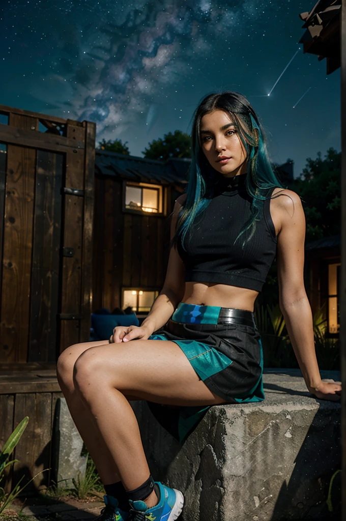 a gorgeous 20-year-old girl, half robot, with a bionic eye, green and blue hair, an athletic body, dressed in a black, short fitted skirt, a white, short tank top and an open red vest, looking at the sky with a look cradled, sitting down with a Bengal tiger standing quietly at her feet, and a black panther crouching next to her, and with the multi-colored starry sky behind