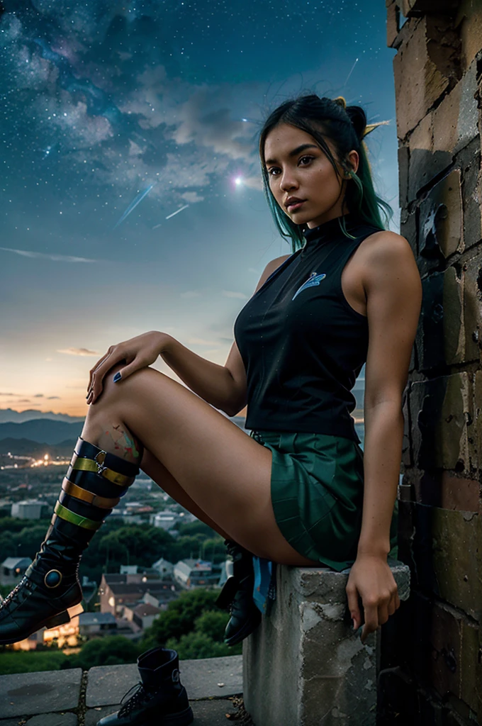 a gorgeous 20-year-old girl, half robot, with a bionic eye, green and blue hair, an athletic body, dressed in a black, short fitted skirt, a white, short tank top and an open red vest, looking at the sky with a look cradled, sitting down with a Bengal tiger standing quietly at her feet, and a black panther crouching next to her, and with the multi-colored starry sky behind