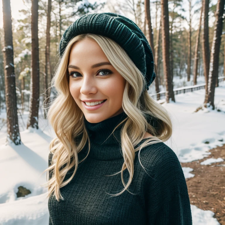 UHD, masterpiece, 1 gorgeous blonde woman with long wavy hair wearing a wool turtleneck sweater, a bonnet on the head and tight black leggings, 36 years old, smile, happiness, canon 85 mm, Light depth of field, Kodak Ektar 200, perfect fit body, extremly detailed, Kodak gold 200, (Background: snowy forest, outside), Looking from behind, (back shot:1.2)
