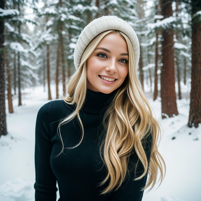 UHD, masterpiece, 1 gorgeous blonde woman with long wavy hair wearing a wool turtleneck sweater, a bonnet on the head and tight black leggings, 36 years old, smile, happiness, canon 85 mm, Light depth of field, Kodak Ektar 200, perfect fit body, extremly detailed, Kodak gold 200, (Background: snowy forest, outside), Looking from behind, (back shot:1.2)