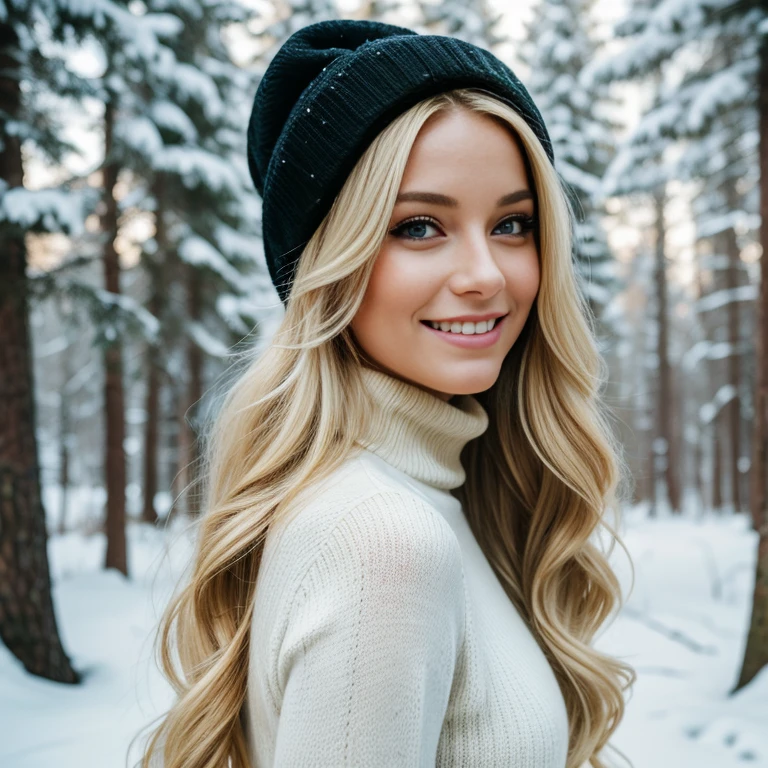 UHD, masterpiece, 1 gorgeous blonde woman with long wavy hair wearing a wool turtleneck sweater, a bonnet on the head and tight black leggings, 36 years old, smile, happiness, canon 85 mm, Light depth of field, Kodak Ektar 200, perfect fit body, extremly detailed, Kodak gold 200, (Background: snowy forest, outside), Looking from behind, (back shot:1.2)
