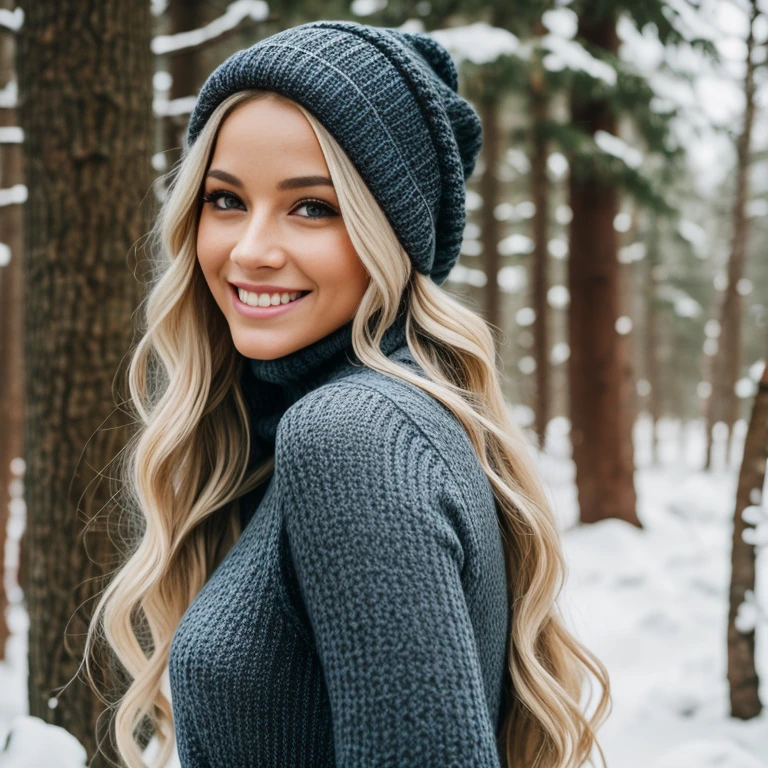 UHD, masterpiece, 1 gorgeous blonde woman with long wavy hair wearing a wool turtleneck sweater, a bonnet on the head and tight black leggings, 36 years old, smile, happiness, canon 85 mm, Light depth of field, Kodak Ektar 200, perfect fit body, extremly detailed, Kodak gold 200, (Background: snowy forest, outside), Looking from behind, (back shot:1.2)
