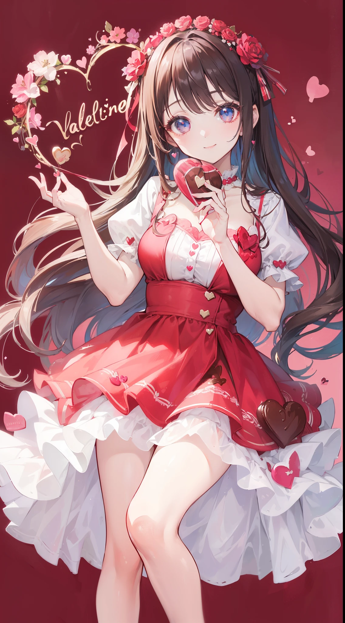 (((32k))), (((heart background))), (((Pretty ))), (((cute ))), (beautiful quality eyes), (cute smile), (((dress))), (valentine), ((holding heart chocolate)),