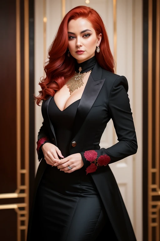A captivating close-up image of a 30-year-old gothic woman with rich, red hair, intricately styled in a Zaha Hadid-inspired outfit. Her elegant decollete is adorned with exquisite accessories, accentuating her unique fashion sense. A refined lapel detail graces her jacket, adding an air of sophistication to her flook. This evocative photograph, showcasing her mysterious allure, was meticulously captured for an estate agent listing. Taken with a Canon EOS R6, 35mm Lens, and F/1.8, it boasts high-definition details and vibrant colors,