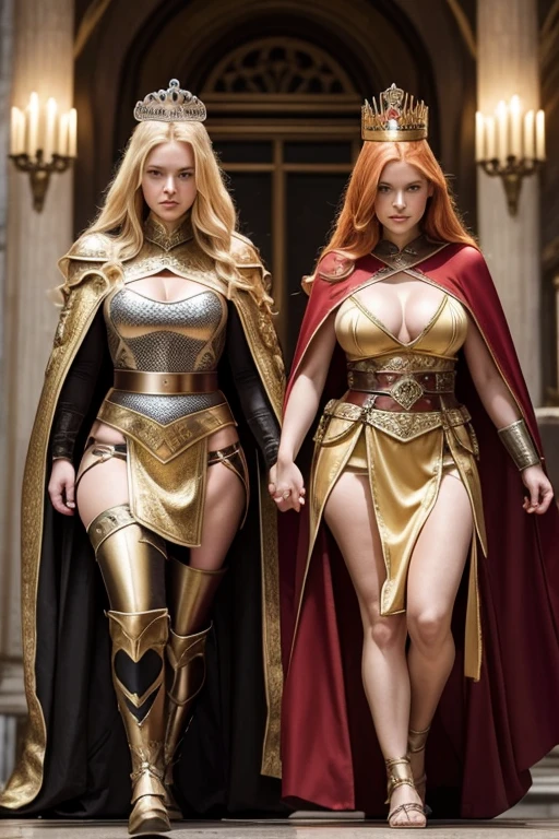 sisters of different ages, two blonde, one redhead, long hair, sexy, lesbians, curvy, tall, warriors roman, roman empire, using sexy armor with cape, using crown in head, queen
