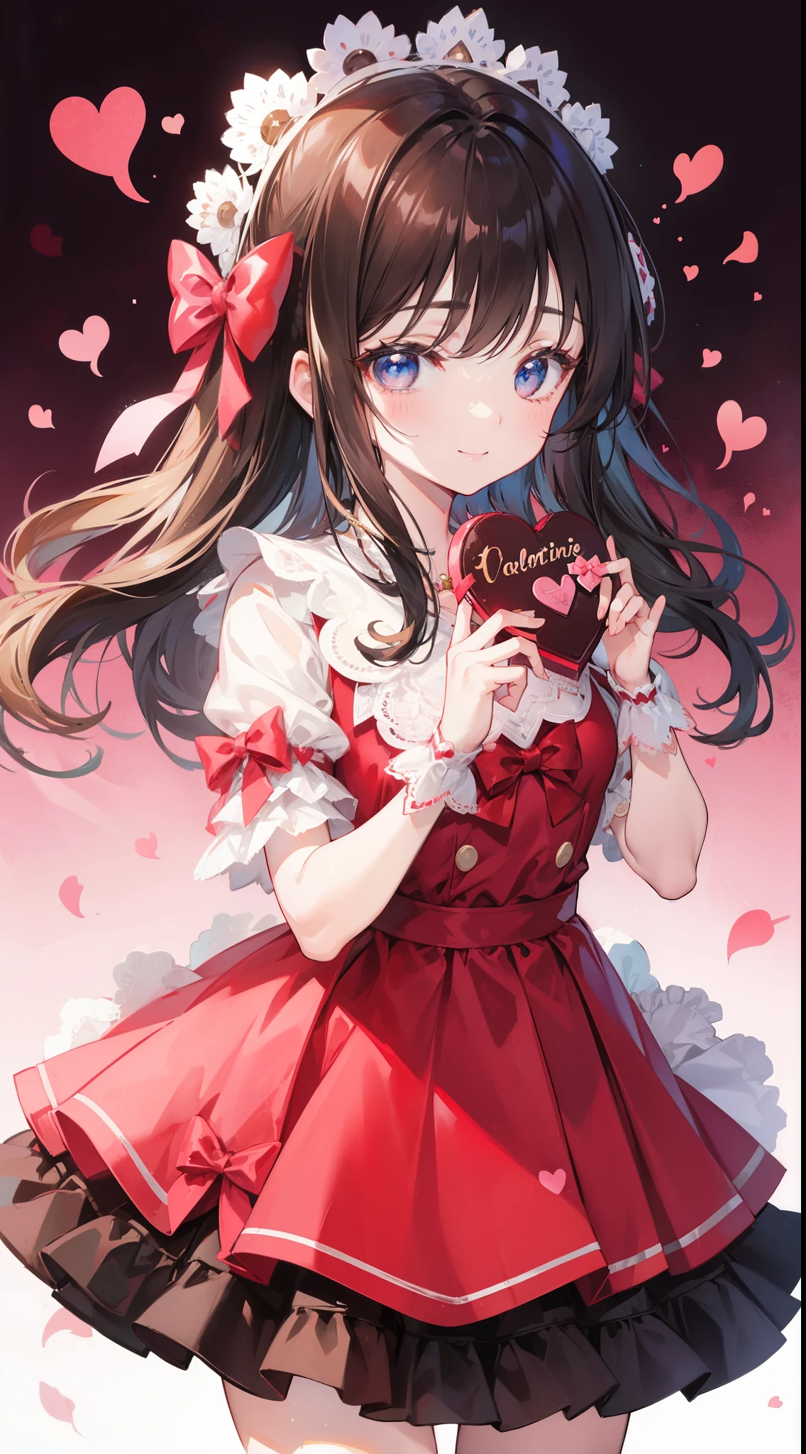 32k, heart background, cute girl, beautiful quality eyes, cute smile, cute dress, valentine, holding heart chocolate,