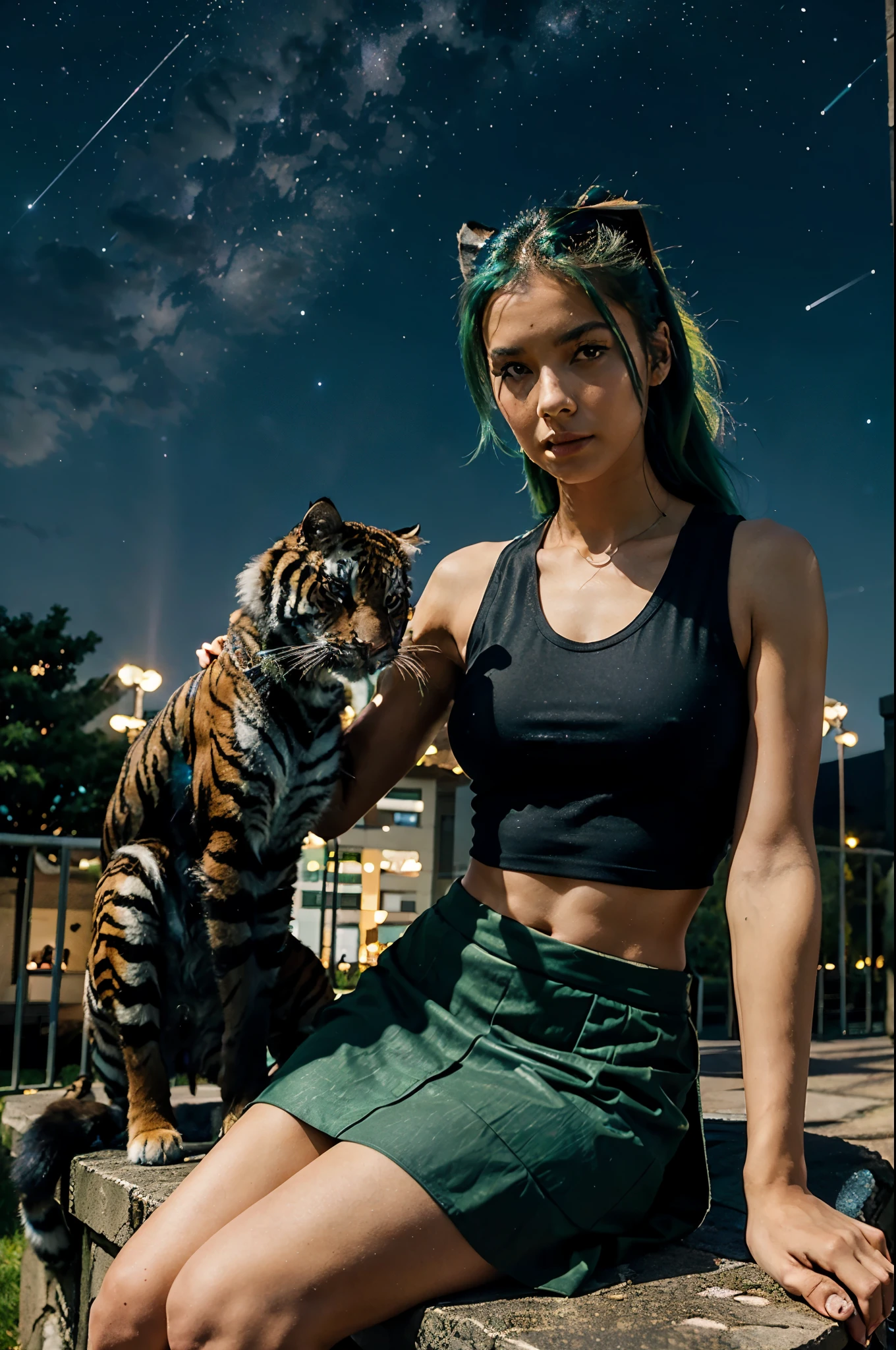 a gorgeous 20-year-old girl, half robot, with a bionic eye, green and blue hair, an athletic body, dressed in a black, short fitted skirt, a white, short tank top and an open red vest, looking at the sky with a look cradled, sitting down with a Bengal tiger standing quietly at her feet, and a black panther crouching next to her, and with the multi-colored starry sky behind