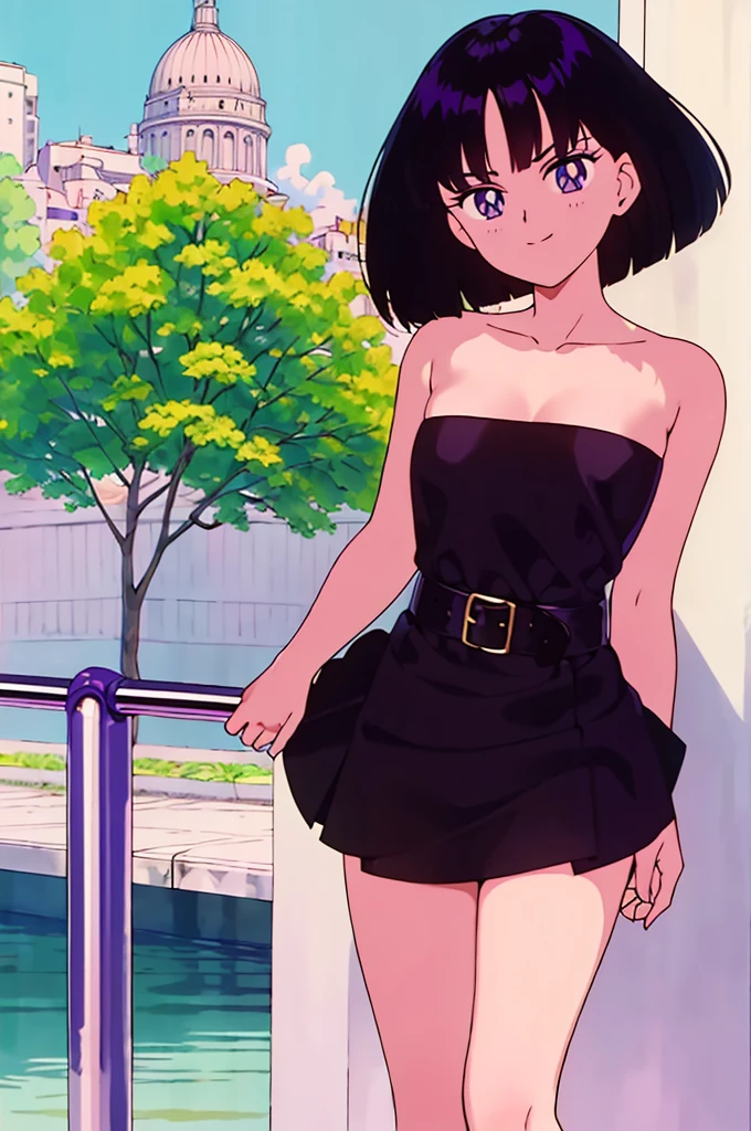 Best quality, masterpiece, Teenager, Hotaru Tomoe, Purple Eyes, short hair, Black Hair, Bob Hair, Bob Haircut, Smile, Bare Neck, Bare Arms, Bare Shoulders, Strapless, a black short tube dress, cleavage, seductive, Standing Up, holding skirt, sunny day, canals, Park Background, 1 girl, solo