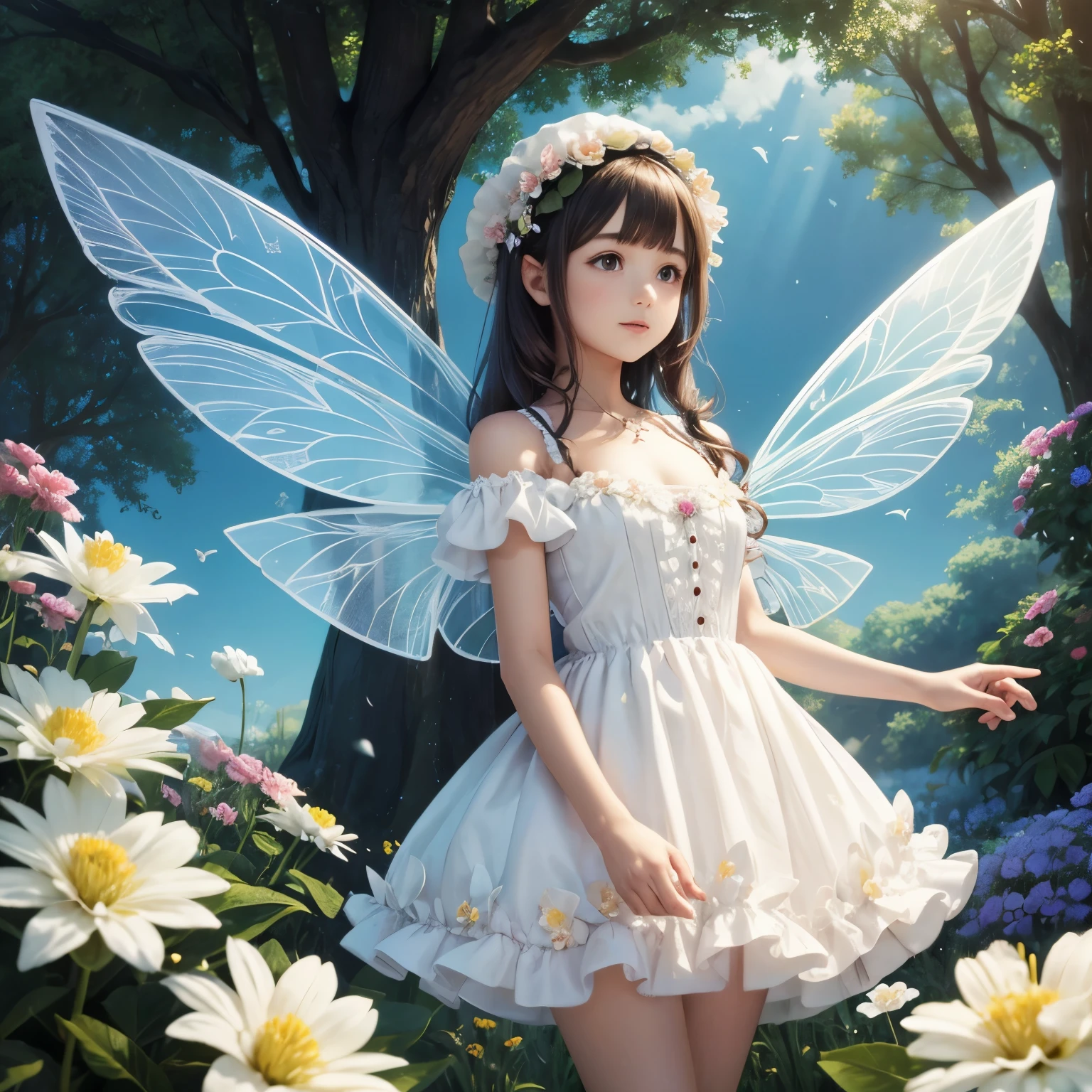 A fairy with wings and a very short puffy dress and a flower bonnet on a flower