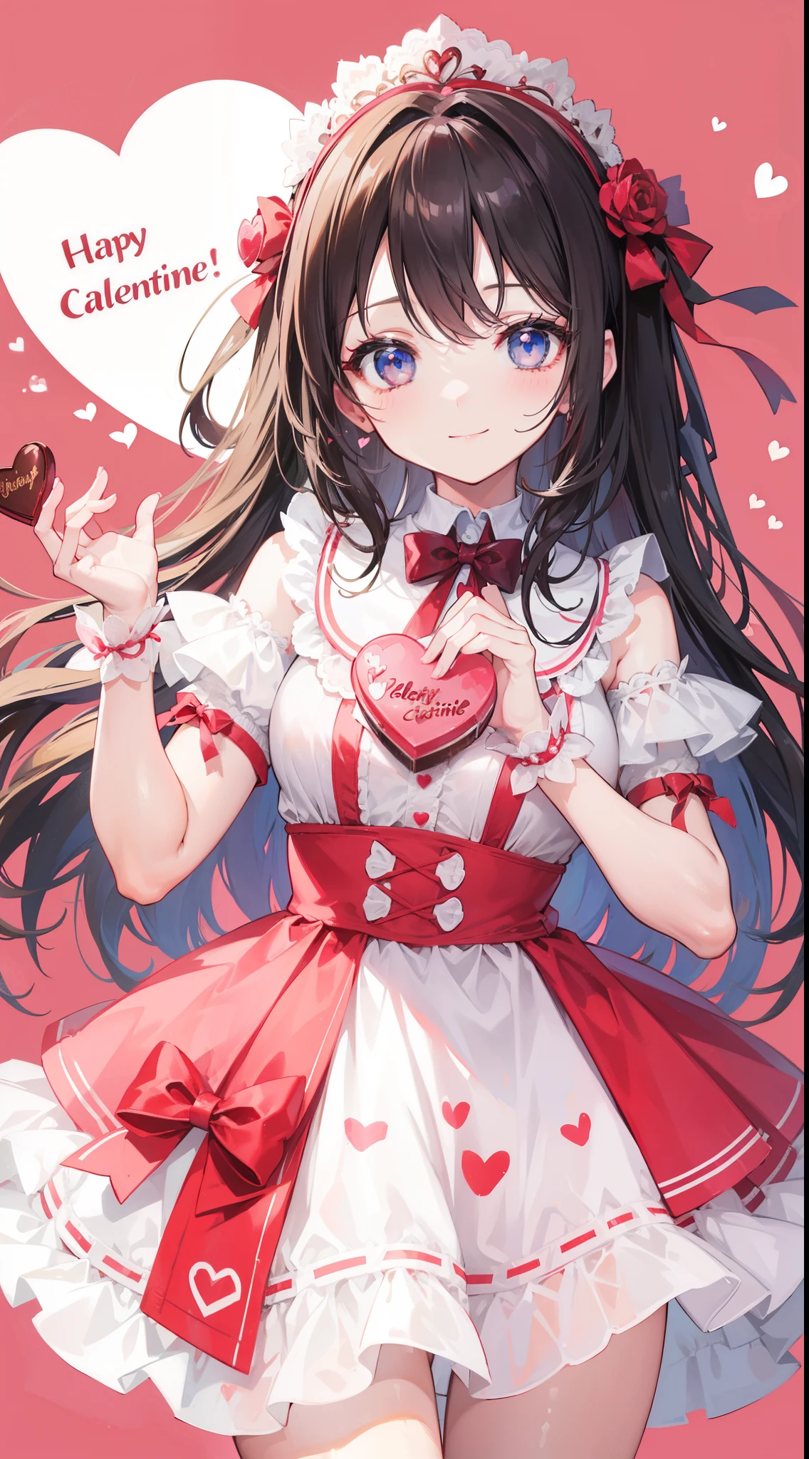 32k, heart background, cute girl, beautiful quality eyes, cute smile, cute dress, valentine, holding heart chocolate, 