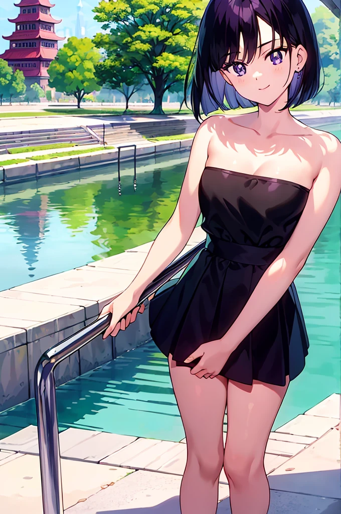 Best quality, masterpiece, ager, Hotaru Tomoe, Purple Eyes, short hair, Black Hair, Bob Hair, Bob Haircut, Smile, Bare Neck, Bare Arms, Bare Shoulders, Strapless, a black short tube dress, cleavage, seductive, Standing Up, holding skirt, sunny day, canals, Park Background, 1 girl, solo