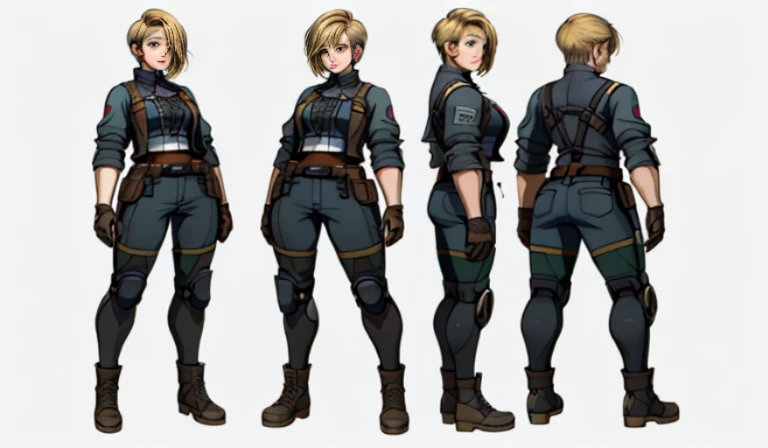 German girl, character sheet, concept art, full body, (masterpiece:1.2), (best quality:1.3), 1girl, standing front, standing rear, standing left, standing right, diesel-punk, android, robotic, segmented, robo, robots. skirt, casual outfit, textile fabric, (aesthetic face), (short hair), (cut hair), (straight hair), (golden hair), (light skin), (shy posture), (endowed chest), (large breasts)