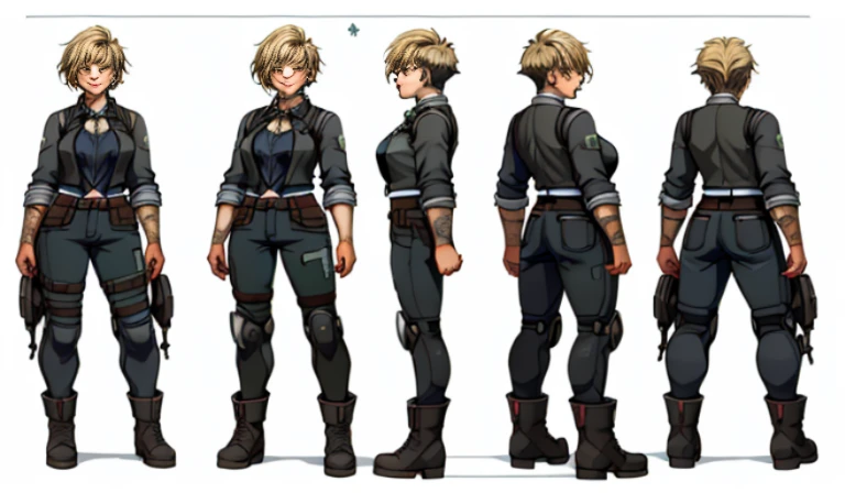 German girl, character sheet, concept art, full body, (masterpiece:1.2), (best quality:1.3), 1girl, standing front, standing rear, standing left, standing right, diesel-punk, android, robotic, segmented, robo, robots. skirt, casual outfit, textile fabric, (aesthetic face), (short hair), (cut hair), (straight hair), (golden hair), (light skin), (shy posture), (endowed chest), (large breasts)