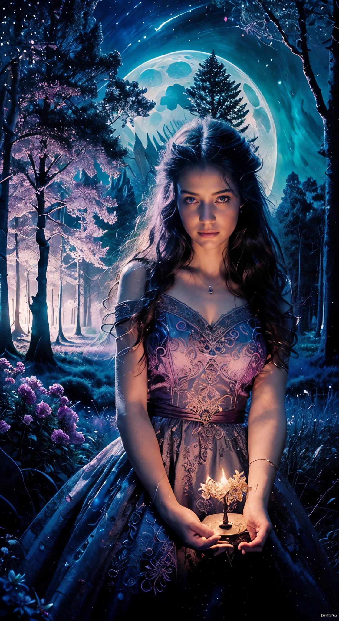 (best quality,4k,8k,highres,masterpiece:1.2),ultra-detailed,(realistic,photorealistic,photo-realistic:1.37),a girl with extraordinary magical powers, wearing a stunning black gown with intricate lace details, holding a mysteriously glowing silver scepter (glowing:1.1), surrounded by a mystical forest with towering ancient trees (towering ancient trees:1.1), casting enchanting spells (casting spells:1.2) with her charming smile (charming smile:1.1) and intense gaze (intense gaze:1.1). The forest is filled with vibrant flowers in various shades of purple, blue, and pink (vibrant flowers:1.1), creating a breathtakingly surreal atmosphere. The scene is illuminated by soft, ethereal moonlight (ethereal moonlight:1.1), casting enchanting shadows (enchanting shadows:1.1) on the girl's pale skin (pale skin:1.1) and intricately braided hair (intricately braided hair:1.1) adorned with delicate flowers (delicate flowers:1.1). The overall tone of the image is dreamy and whimsical (dreamy and whimsical:1.1), with a touch of mystery and elegance (mystery and elegance:1.1).