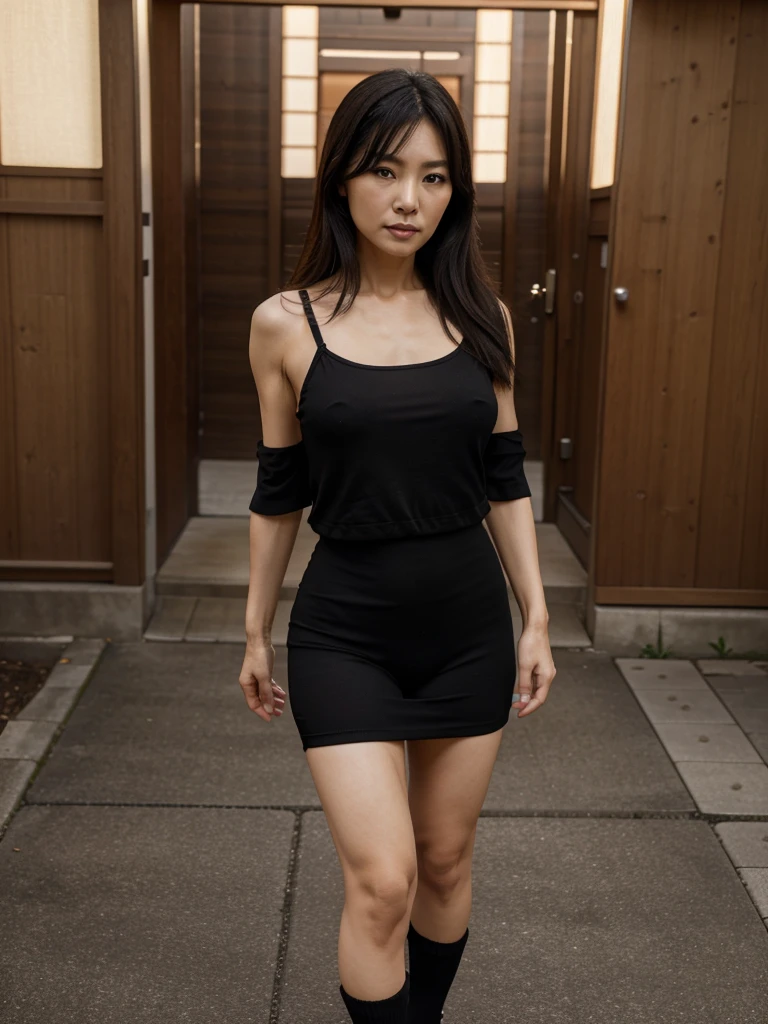 full body, beautiful, 50 years old, japanese woman, black underwear, best quality,4k,8k,highres,masterpiece:1.2