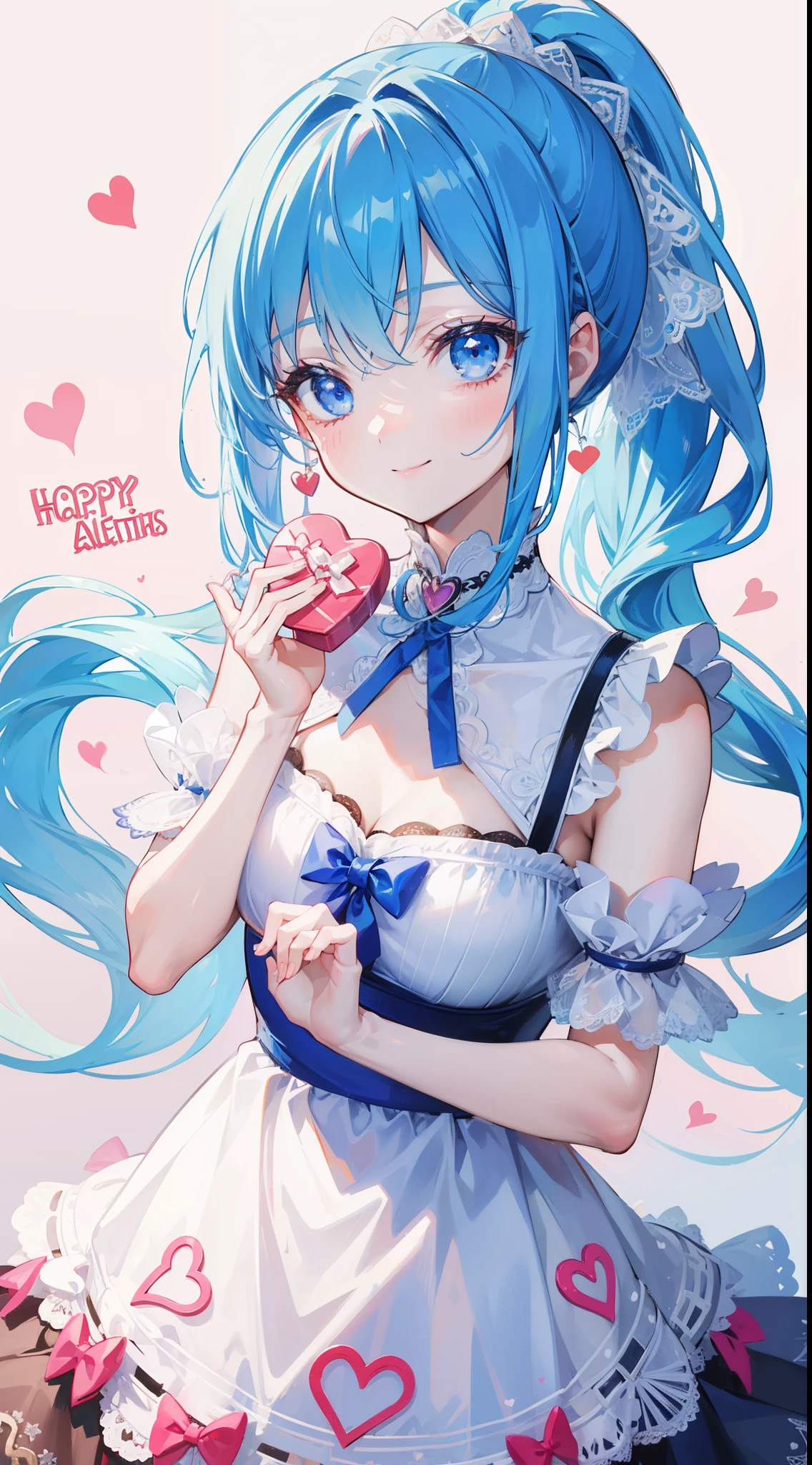 32k, heart background, beautiful girl, beautiful quality eyes, cute smile, cute dress, valentine, holding heart chocolate, blue hair, blue eyes, ponytail, 
