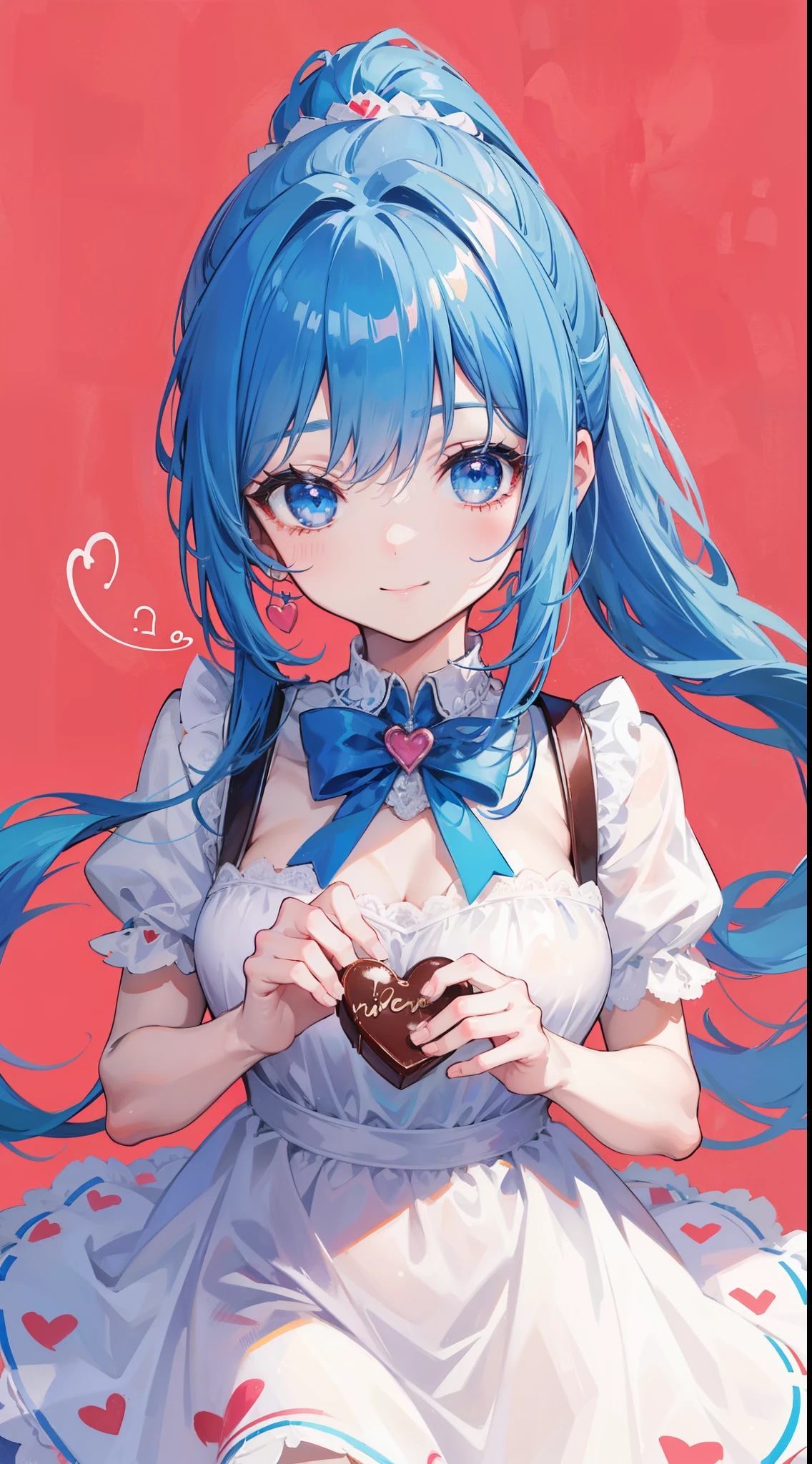32k, heart background, beautiful girl, beautiful quality eyes, cute smile, cute dress, valentine, holding heart chocolate, blue hair, blue eyes, ponytail,