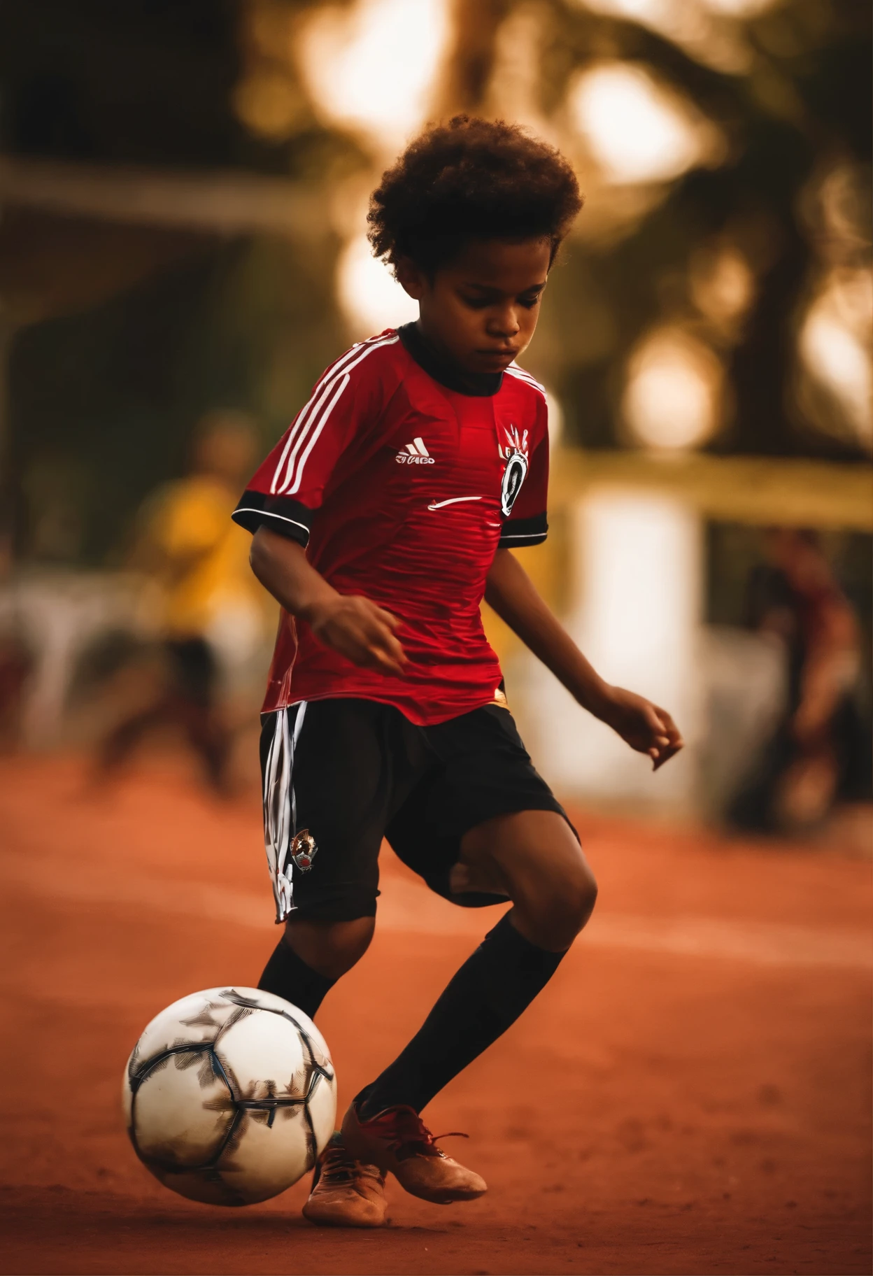 Garoto com 12 anos, negro , jogando bola,com a camisa do flamengo