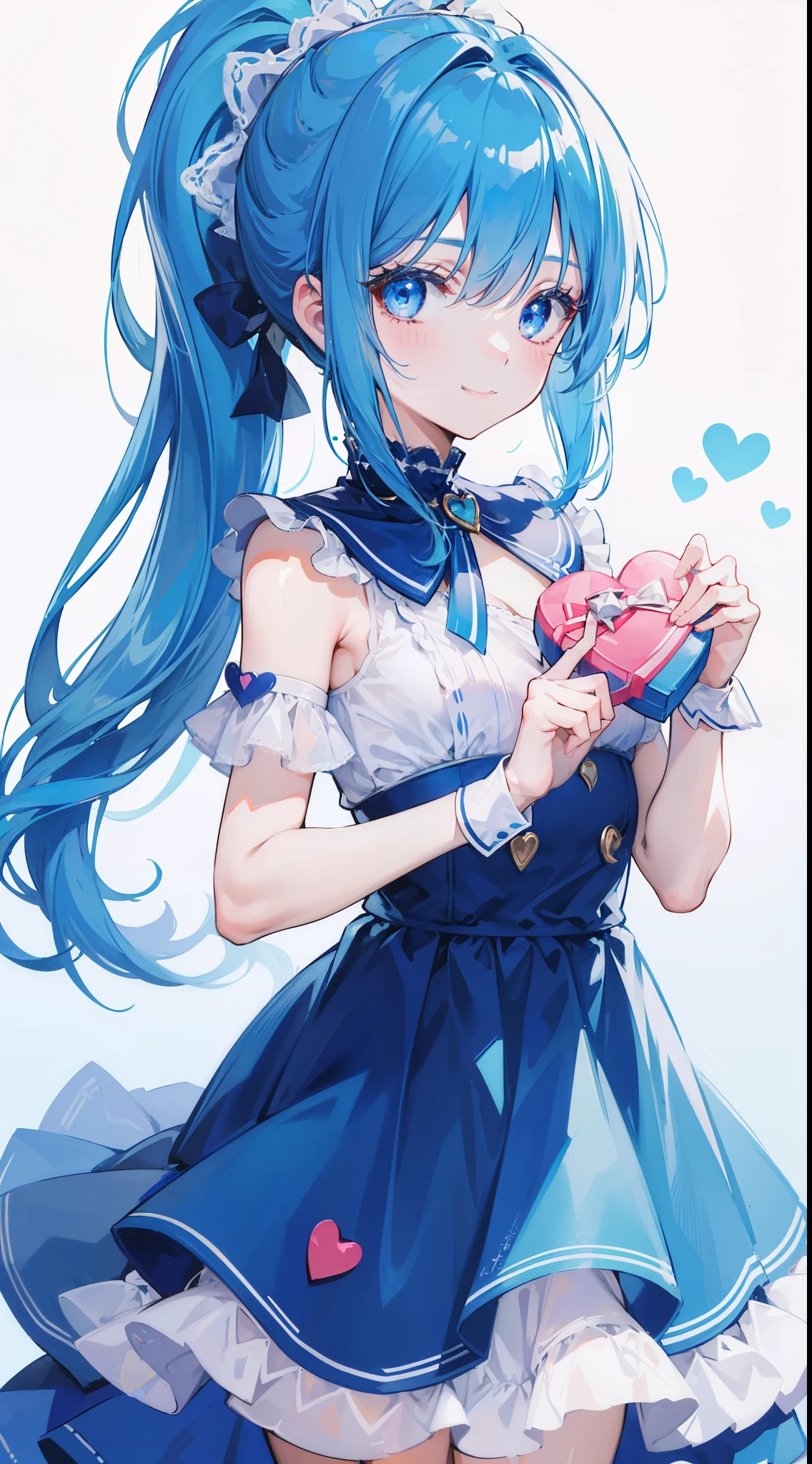 32k, heart background, beautiful girl, beautiful quality eyes, cute smile, blue cute dress, valentine, holding heart chocolate, blue hair, blue eyes, ponytail,