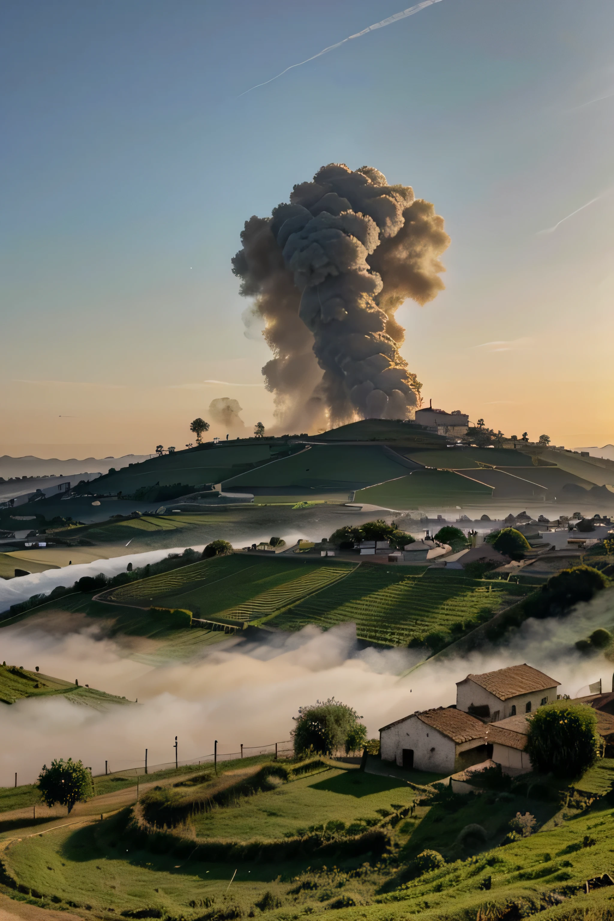 early in the morning,O sol nasce,Arrozais verdes,Caminhos estreitos,Distant villages are filled with smoke