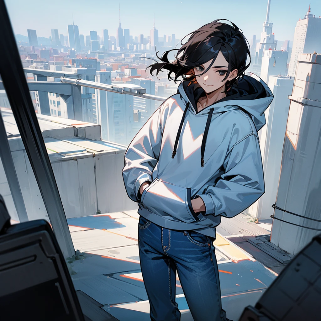 1male, tall, short black middlepart, detailed black eyes, happy demeanor, white hoodie, jeans, hands in pocket, facing viewer, city background