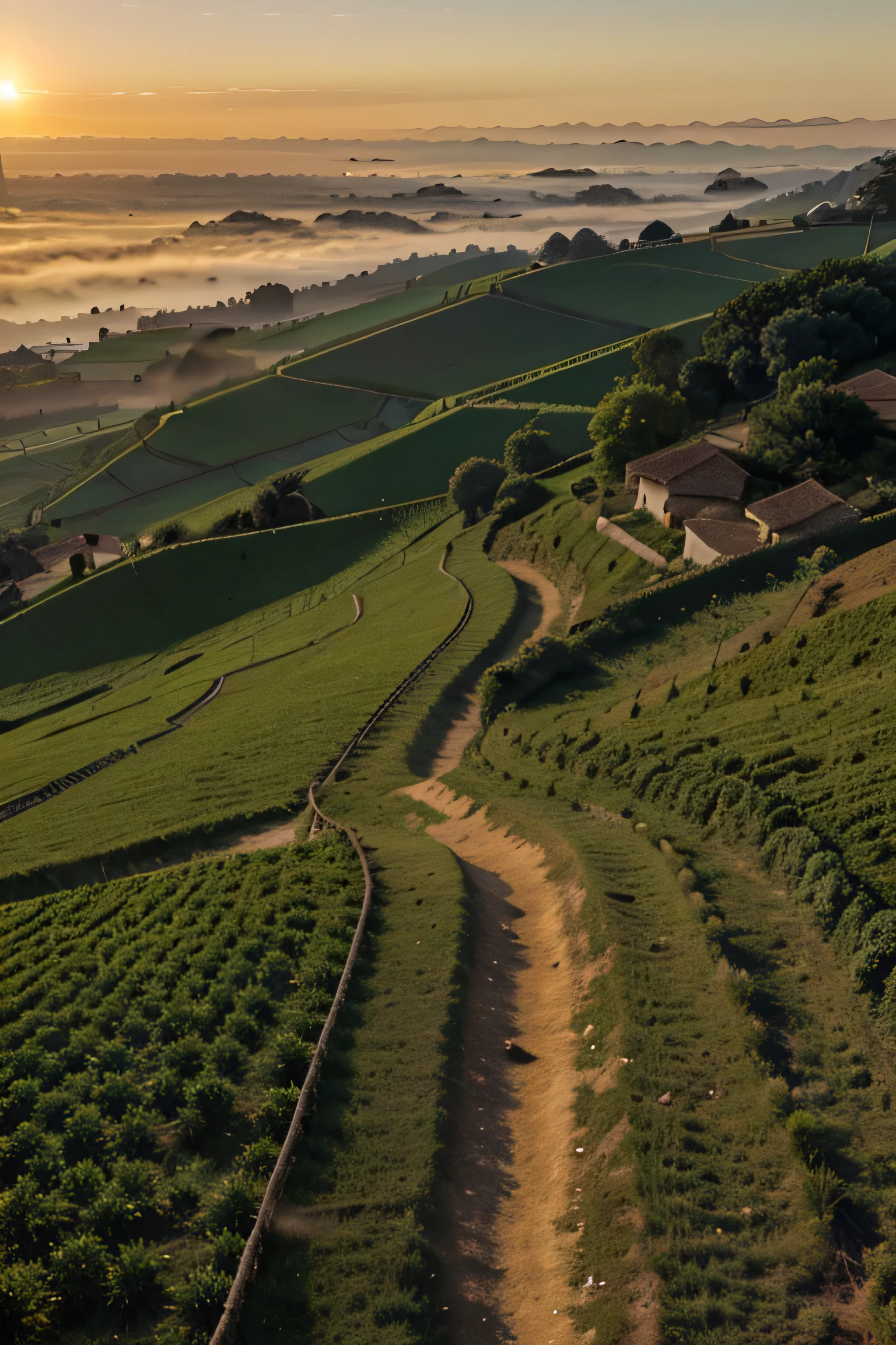 early in the morning,O sol nasce,Arrozais verdes,Caminhos estreitos,Distant villages are filled with smoke