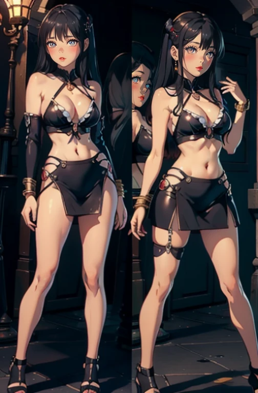 Dynamic poses, ultra detail, small breast, top quality, masterpiece,detail face, top quality, jewellery, elegant, blush, navel, six pack, body goals:1.5, hair ornament, full body shot, 1female，（Very detailed CG unity 8K wallpaper），best qualtiy，cinematic lighting，beatiful detailed eyes，Bright pupil，Redlip（Very fine and beautiful），（Beautiful and detailed eye description），ultra - detailed，masterpiece，）, exposed cleavage, tight skirt, stocking:1.5, handsock:1.2