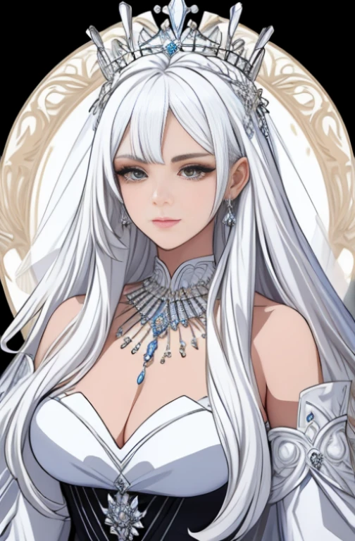 (masterpiece, best quality: 1.4), detailed background, white crystal, crysal cluster,long hair,jewelry, earrings, necklace, crown, bride, white hair, halo,