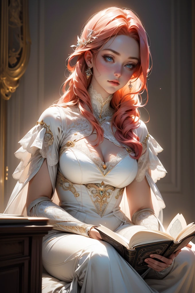 {-erro_de_anatomia:1.0}(best quality,4k,8k,highres,masterpiece:1.2), ultra-detailed, (realistic,photorealistic,photo-realistic:1.37), mature milf, illyasviel von einzbern, redhead hair, full body, vibrant colors, glowing skin, mesmerizing eyes, elegant pose, enchanting background, delicate lace dress, surreal lighting, ethereal atmosphere, mystical aura, intricate details, artistic medium, digital illustration, fantasy, anime, reading, writing