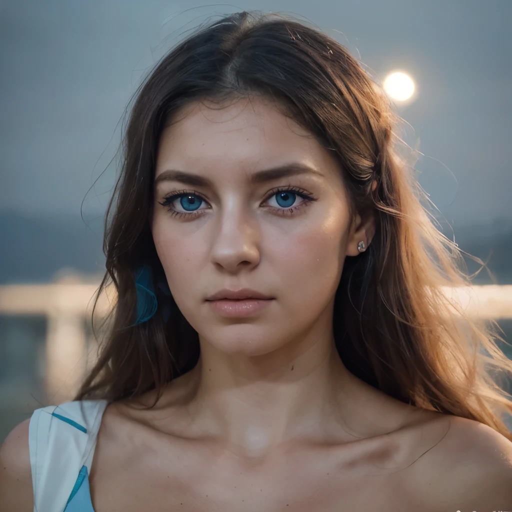 high angle photo1.4, Hazy view at night, Dynamic angle, (((Shy, embarassed, looking tired and frowing))), Stunning, Gaia Nobile, 35 years old ((british girl hyper realistic)), skin imperfections, ((white eyelash, blue eyes)), natural skin, skin imperfections1.33, natural lookalike, long hair, large big chest