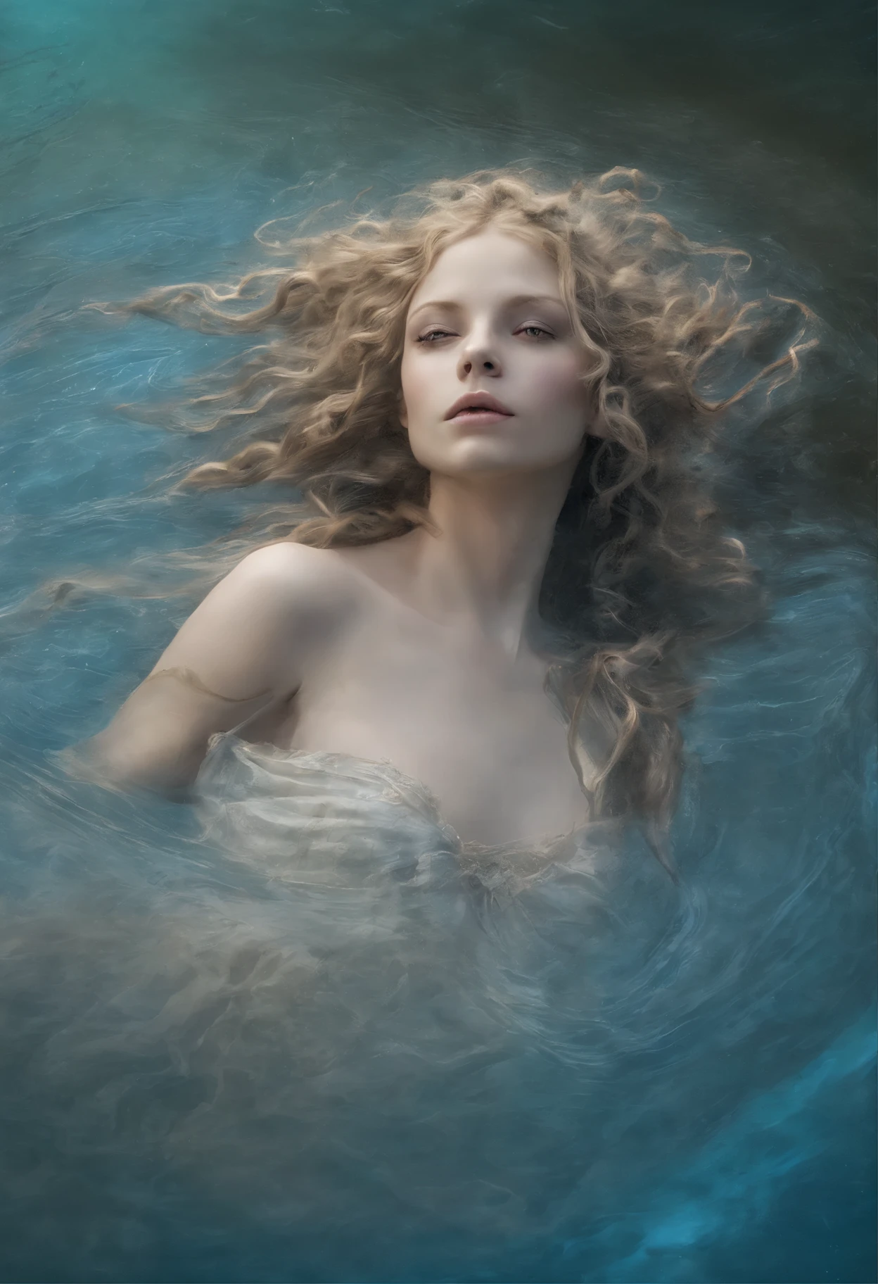 Painting of a a very pale woman lying down, blue veins shine through the skin, pale lips, closed eyes, full-length immersed in water, dark atmosphere, sun glare, frame from top to bottom. Cinematic scene, volumetric lights, ultra realistic, in the style of Nikola Samori