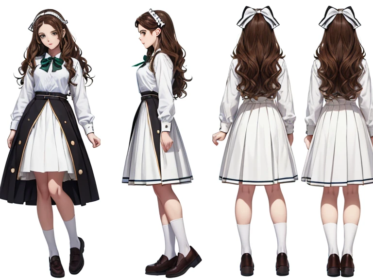 ((masterpiece)),(((best quality))),((character design sheet,same character,front,side,back)),illustration,21-year-old girl,long wavy hair,ear hair, green eyes,surroundings Scene change, pose too, wears a perfect badge, sunlights, charturnbetalora, brown hair, white shirt with bow, collared shirt, long sleeves, long plaid skirt,  Moccasins, heeled shoes, hair headband, bow, white pearl earrings, (single background, white background: 1.3)