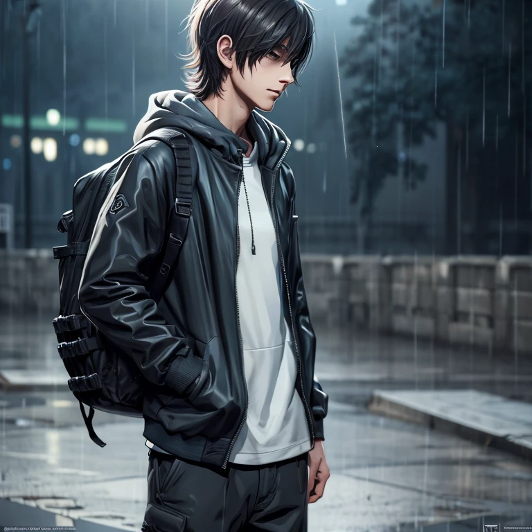 1 boy, Jacket, rain, outdoor, hoodie, open Jacket, Lock, Backpack, looking at something else, messy hair, Trending with ArtStation, 8K resolution, very detailed, anatomically correct, clear image, digital painting, concept art, It&#39;s trending on pixiv, Makoto Shinkai&#39;s style,