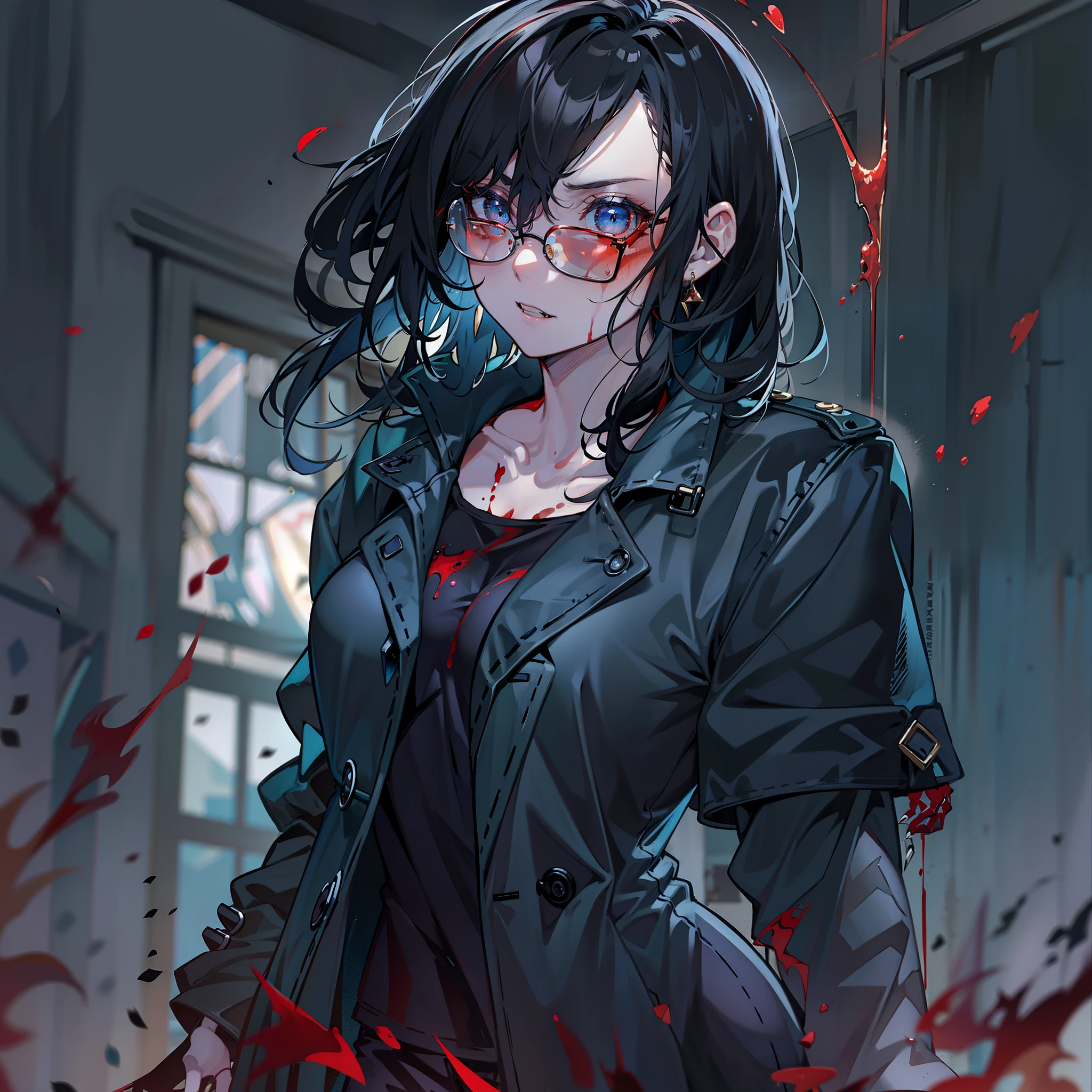 (High resolution, best quality, masterpiece) detail, intricate detail, realism, 1female, ((solo_focused)), single, one woman, physically fit, curvy, pale skin, vampire, fierce expression, dark eyes, (detailed eyes), red_rimmed eyes, sharpened fangs, closed_mouth, black hair, short hair, full body, medium breast, beautiful, mature, malevolent energy, (topwear:((shirt:black, trench_coat:black)), handwear:((gauntles) bottomwear:(pant:blue))), blood dripping, glasses, dark tinted glasses, smirking, menacing, blood spatter