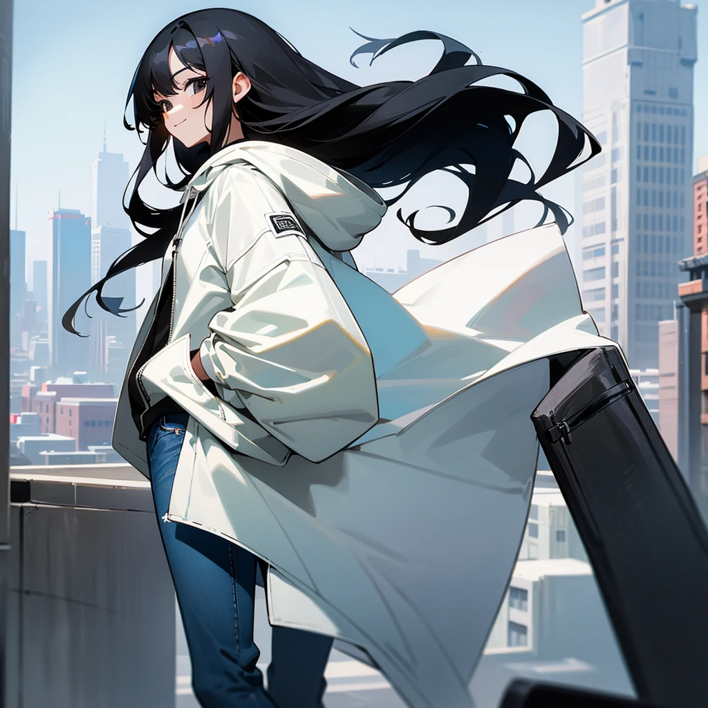 1women, tall, long black hair, detailed black eyes, happy demeanor, white hoodie, jeans, hands in pocket, facing viewer, city background