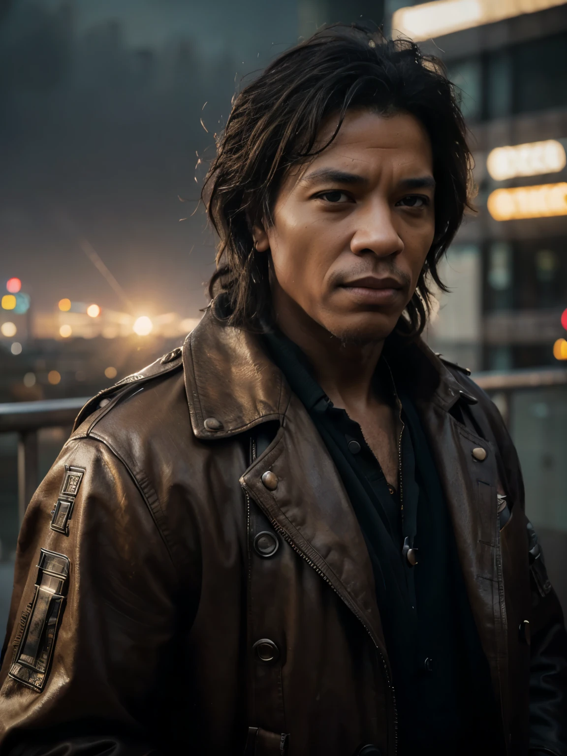 (masterpiece, highly detailed, ultra realistic, highest quality, cinematic), portrait, close up, dynamic pose, middle aged male, 50 years old, / Jimi Hendrix / wearing heavy trenchcoat, hyper detailed skin textures, bulky physique, heavy set, scars, prosthetics, Bladerunner, techno warrior, gritty, futuristic, sunset city background, bokeh, lens flare, (unbelievable quality, incredible detail, HDR+)