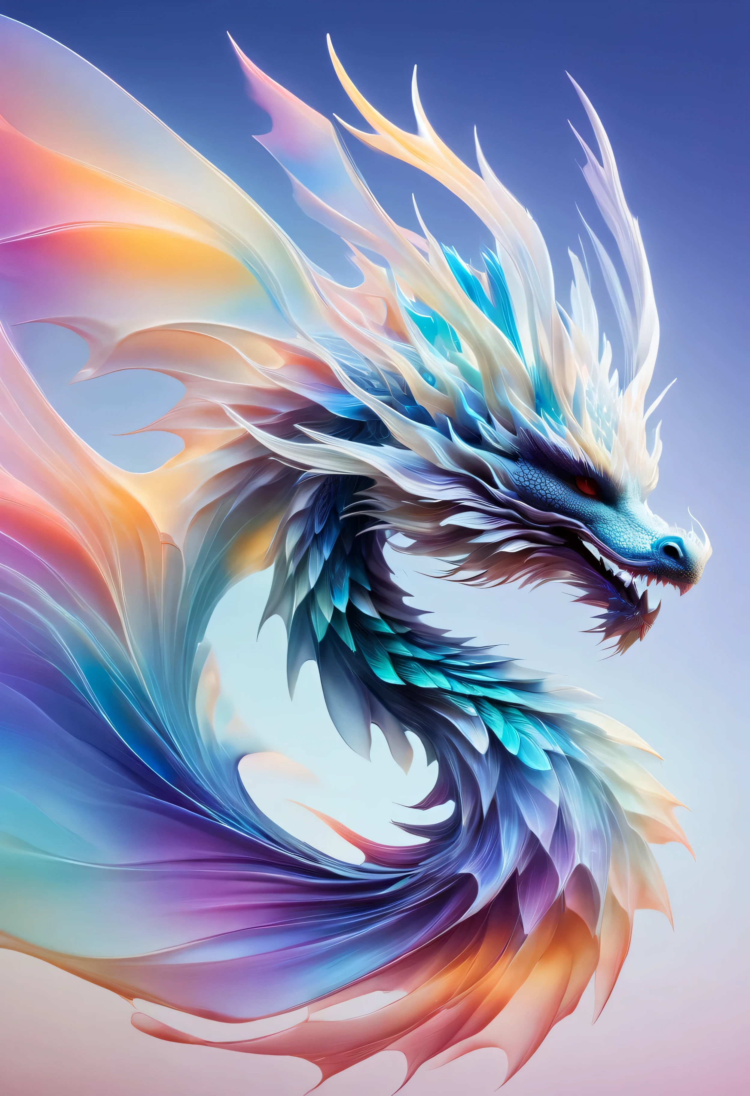 echmrdrgn dragon with a surreal, mirage-like design. Its body is semi-translucent, giving it an ephemeral quality. As it moves, echoes of its form linger in the air, creating a mesmerizing afterimage. The dragon's scales exhibit a play of opalescent colors, and its wings carry the illusion of rippling heat, embodying an ethereal and elusive beauty, 32k masterpiece, RAW photography, best quality:1.3, ultra-high detailed, ultrarealistic ((simple gradient background))