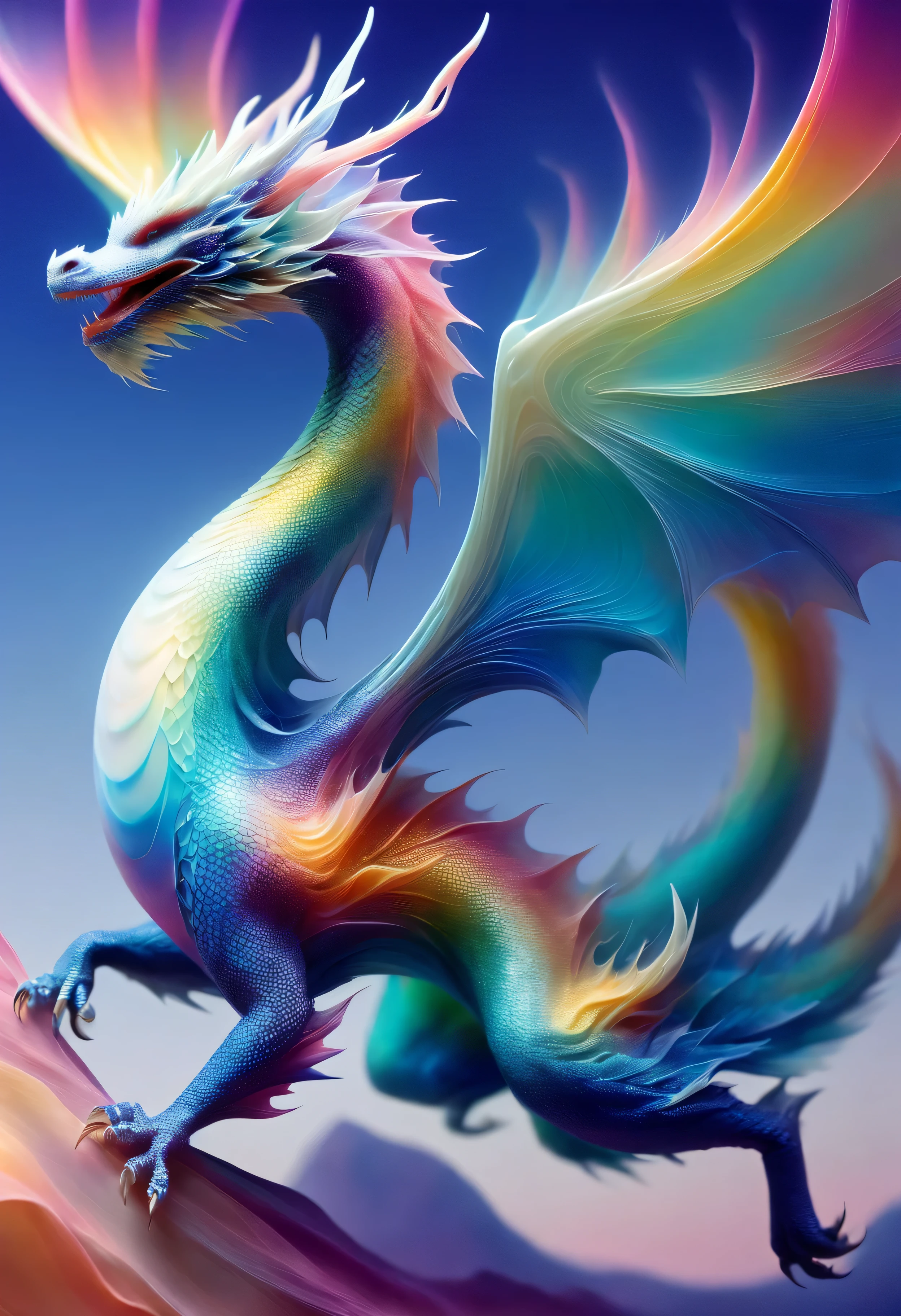 echmrdrgn dragon with a surreal, mirage-like design. Its body is semi-translucent, giving it an ephemeral quality. As it moves, echoes of its form linger in the air, creating a mesmerizing afterimage. The dragon's scales exhibit a play of opalescent colors, and its wings carry the illusion of rippling heat, embodying an ethereal and elusive beauty, 32k masterpiece, RAW photography, best quality:1.3, ultra-high detailed, ultrarealistic ((simple gradient background))