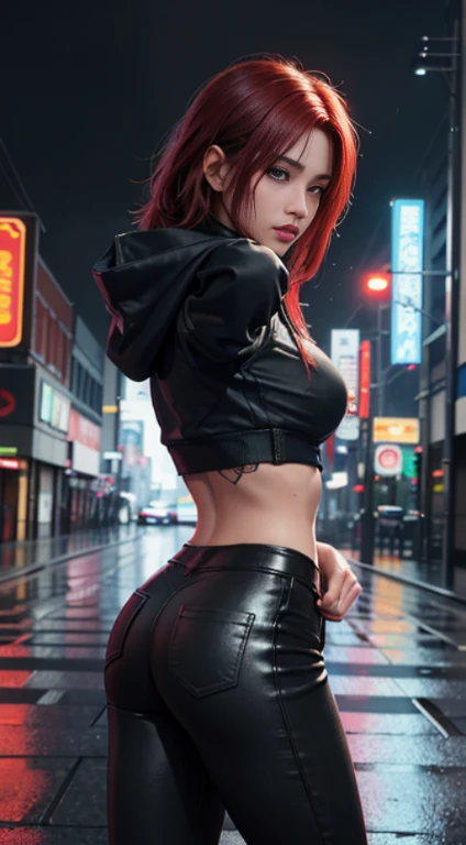 sfw, best quality, masterpiece, cinematic, realistic, cyberpunk, cyberpunk city, neon, volumetric lighting, black sky, (raining, thunderstorm), 1girl, (cyberpunk clothing, hoodie, pants, punk clothelowing red hair), water reflecting off ground, from behind, ((hidden face)),, wearing bra,((skinny waist)), young asian girl, ((big )),